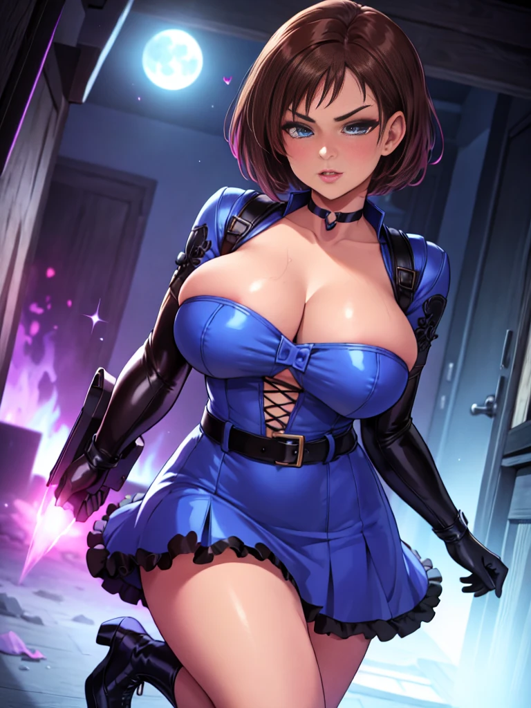 masterpiece, best quality, high quality, absurdres, illustration, film grain, chromatic aberration, dramatic lighting, (high resolution, masterpiece, ultra best quality, insanely amazing hyper fine extremely detailed, official:1.4),evil fall, corruption, resident evil, ((30yr old)), 1girls, evil horny milf jill valentine is a evil magical girl, mature_female, curvy, voluptuous, chubby, big breast, short hair, brown hair, hair_ornament, bow, jewelry, police uniforme, choker, collarbone, frills, blue dress, frilled_dress, black_gloves, skirt, boots, short hair, brown hair, spiral heart moon rod, holding_weapon, looking at viewer, full body, Full HD, 4K. magical girl art , magical girl style, magical girl illustration,