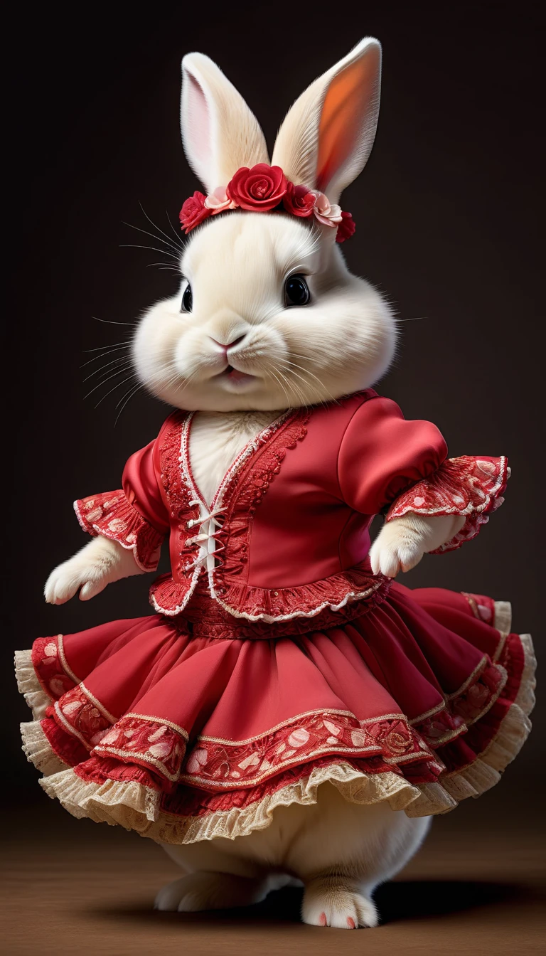 Photorealistic portrait of an animal wearing clothes - a chubby baby bunny flamenco dancer,( Flamenco poses), high quality,(charming) ,intricate details, Very detailed ((flamenco costume)) ,Very detailed dress,, (happy), studio lighting,(full body image:1.5)