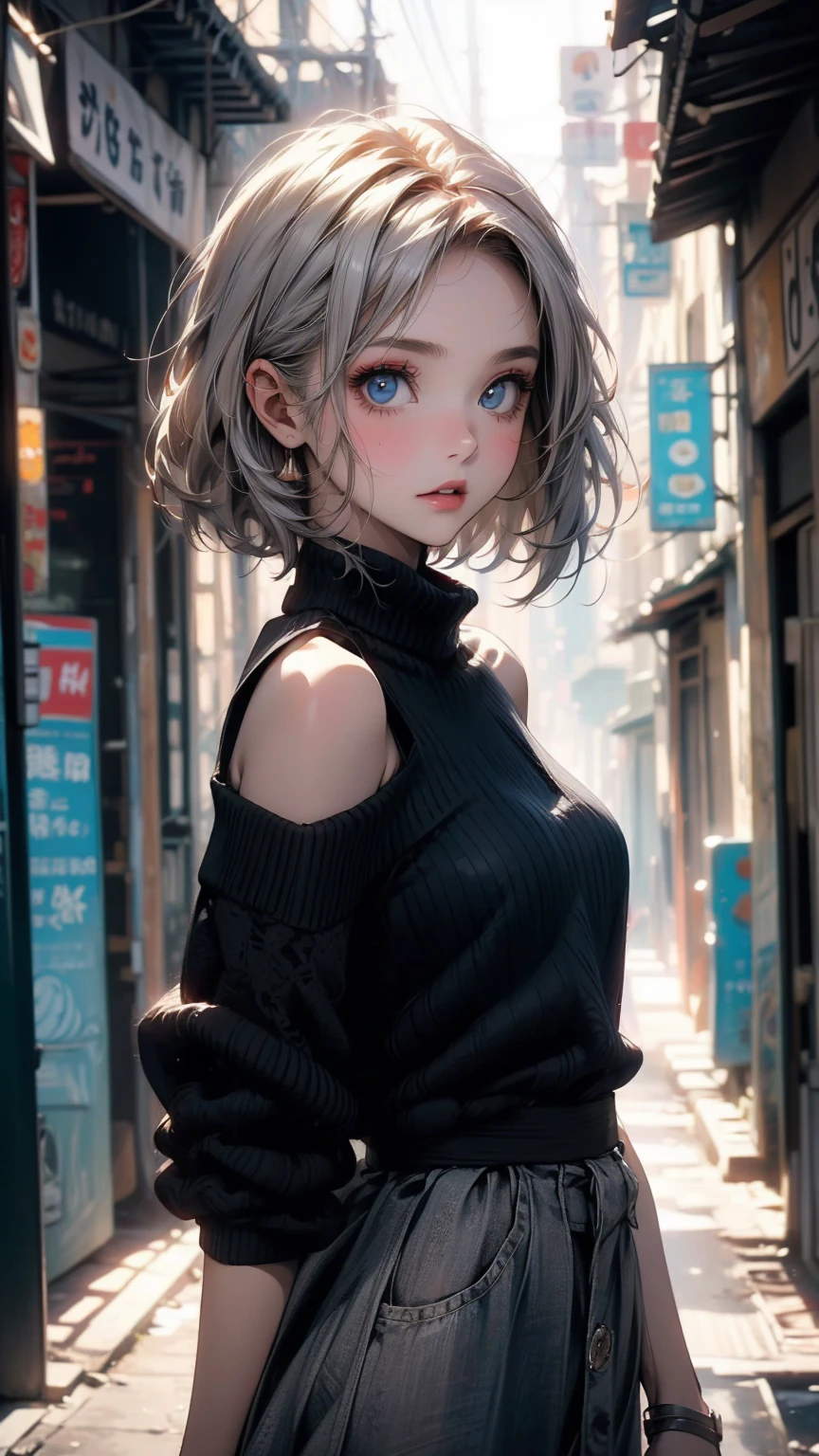 (masterpiece, High resolution, highest quality), ((20 year old woman, Composition from head to stomach, Upper body focus)), fashion pose, detailed eyes, Avant-garde makeup, messy short hair:1.2, ash gray hair, grunge fashion, blurred background, The deserted backstreets of Cuba:1.3, cinematic lighting, anime style, simple lines, digital painting,