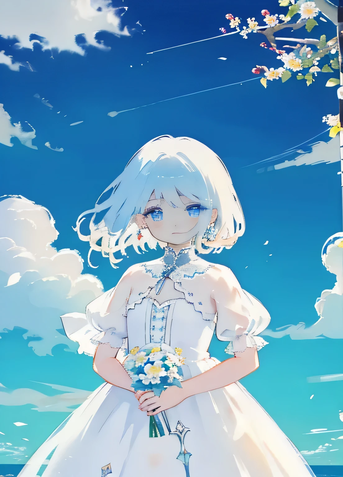 Blue sky, cloudy sky, beautiful girl, jewellery, puffy sleeves, lovely flowers, white dress, beautiful eyes, decorative, short sleeves, see-through sleeves