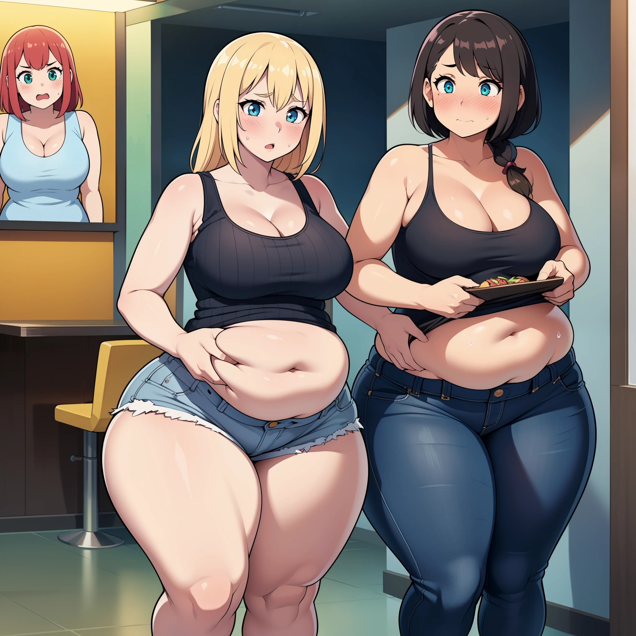 ((Masterpiece)), perfect anatomy, perfect shading, field of depth, (best quality), extremely delicate and beautiful, perfect lighting, detailed face, ultra cute face, cute, (2girls), Girls 1 and 2,
Girl 1 has long fluffy blonde hair, blue eyes, ((blush)), nervous, looking at viewer, tank top, jeans, cleavage, medium breasts, ((thick thighs)), (wide hips), chubby,
Girl 2 has short brown hair, green eyes, ((blush)), shy, medium breasts, ((thick thighs)), (wide hips), tank top, shorts,
intricate background, detailed background, fast food restaurant, standing next to each other, belly grab