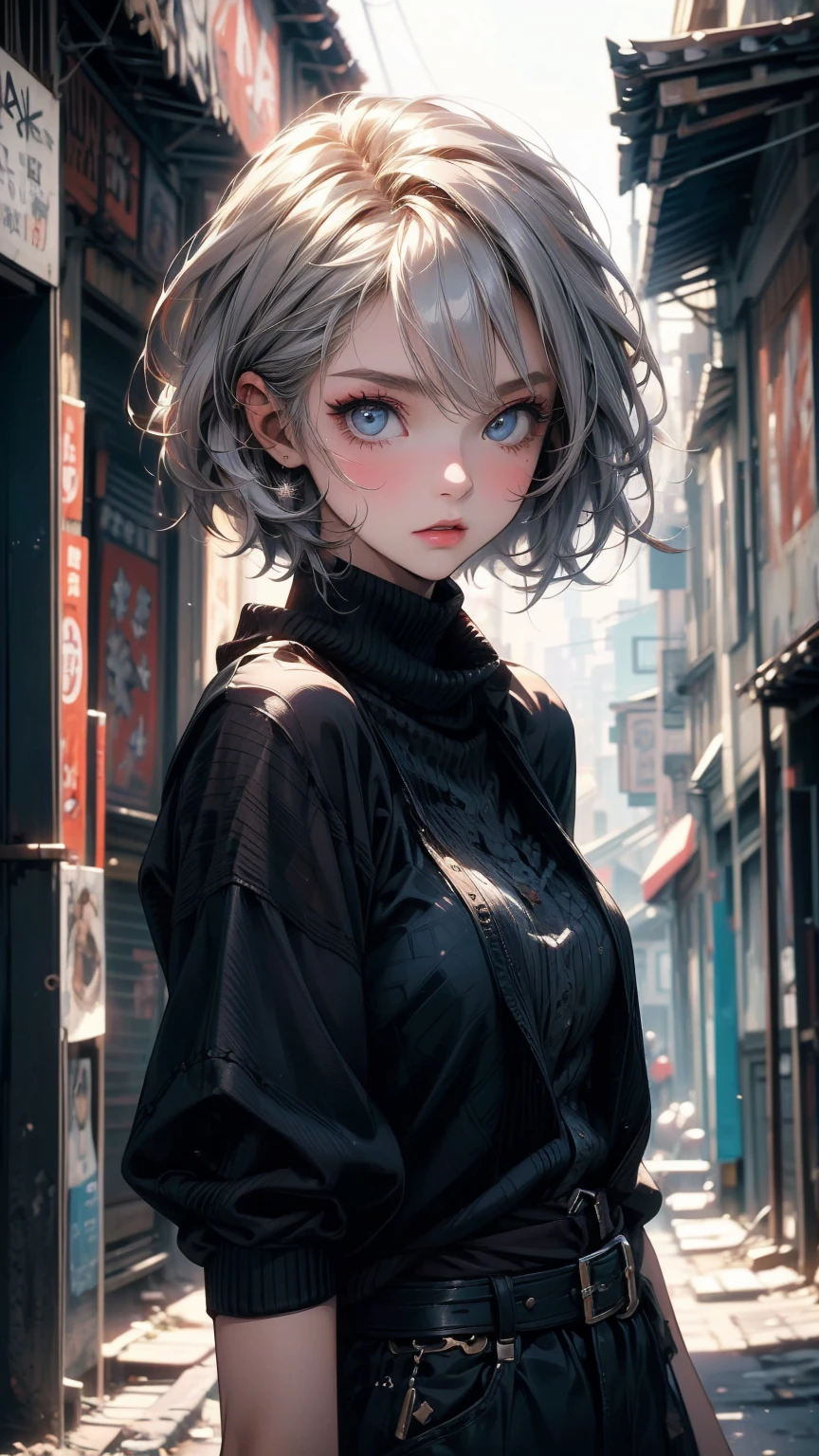 (masterpiece, High resolution, highest quality), ((20 year old woman, Composition from head to stomach, Upper body focus)), fashion pose, detailed eyes, Avant-garde makeup, messy short hair:1.2, ash gray hair, grunge fashion, blurred background, The deserted backstreets of Cuba:1.3, cinematic lighting, anime style, simple lines, digital painting,