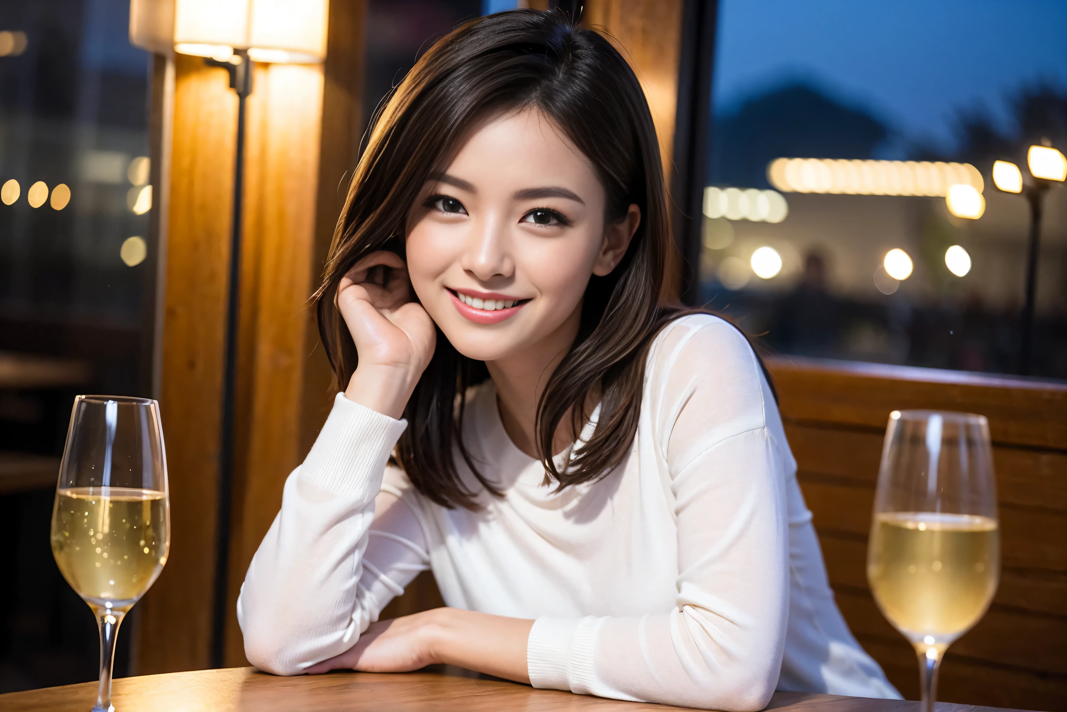 ((highest quality、8K、masterpiece:1.3))、sharp focus:1.2、beautiful woman perfect body:1.4、Slim body、((Bob Hale、straight hair:1.2))、(to be born, highest quality, masterpiece:1.5), (realistic, intricate details:1.2), ultra high resolution, confused,bright image、2 Wine Beauties, beautiful face, blue eyes, fine eyes, symmetrical eyes, light shines on your face, blush your nose, short hair,Spectacular view of the sunset sky and clouds、Amazing mountain views、A bright smile、A lovely woman with a smile、The woman's face is bright、fox face、lady、Wine Party、hors d'oeuvre、Italian food、2 beauties、brown hair、shortcut、long sleeve shirt、winter fashion、dress、Japanese、Englishman、Dutch、German、Belgian、Italian、French,Wine bottle、hors d'oeuvre、Champagne、sparkling wine、Pretty Woman 1, (slim face), (Because I'm slender), (brown hair), (shortcut), cheeks turn a little red, (37 years old), 39 years old, attractive beauty、, A beautiful and detailed night view spreads out outside the window.........., restaurant, sitting in a wine glass, At night, in a prominent place (from the waist up) nova frog style, actress, model, Upper body, White wine, slim, wine glass, very beautiful night view, wine glass placed in the middle, Smile, (smile: 1.15), beautiful fine eyes, Depth f/2,saturation, high contrast, strong light and shadow,moist body:1.5、3D texture、delicate eyes、brown hair、The hair is very shiny、