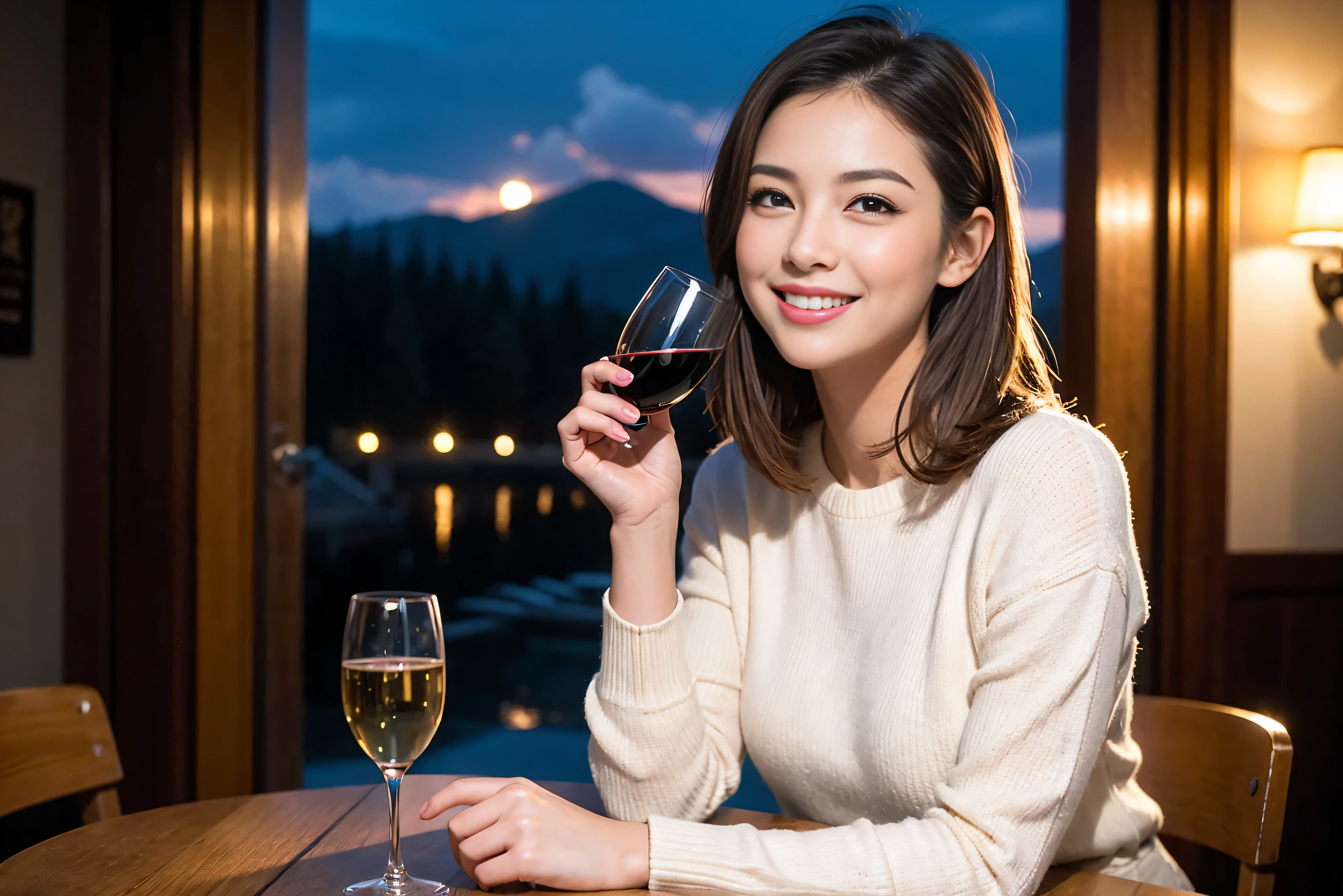 ((highest quality、8K、masterpiece:1.3))、sharp focus:1.2、beautiful woman perfect body:1.4、Slim body、((Bob Hale、straight hair:1.2))、(to be born, highest quality, masterpiece:1.5), (realistic, intricate details:1.2), ultra high resolution, confused,bright image、2 Wine Beauties, beautiful face, blue eyes, fine eyes, symmetrical eyes, light shines on your face, blush your nose, short hair,Spectacular view of the sunset sky and clouds、Amazing mountain views、A bright smile、A lovely woman with a smile、The woman's face is bright、fox face、lady、Wine Party、hors d'oeuvre、Italian food、2 beauties、brown hair、shortcut、long sleeve shirt、winter fashion、dress、Japanese、Englishman、Dutch、German、Belgian、Italian、French,Wine bottle、hors d'oeuvre、Champagne、sparkling wine、Pretty Woman 1, (slim face), (Because I'm slender), (brown hair), (shortcut), cheeks turn a little red, (37 years old), 39 years old, attractive beauty、, A beautiful and detailed night view spreads out outside the window.........., restaurant, sitting in a wine glass, At night, in a prominent place (from the waist up) nova frog style, actress, model, Upper body, White wine, slim, wine glass, very beautiful night view, wine glass placed in the middle, Smile, (smile: 1.15), beautiful fine eyes, Depth f/2,saturation, high contrast, strong light and shadow,moist body:1.5、3D texture、delicate eyes、brown hair、The hair is very shiny、