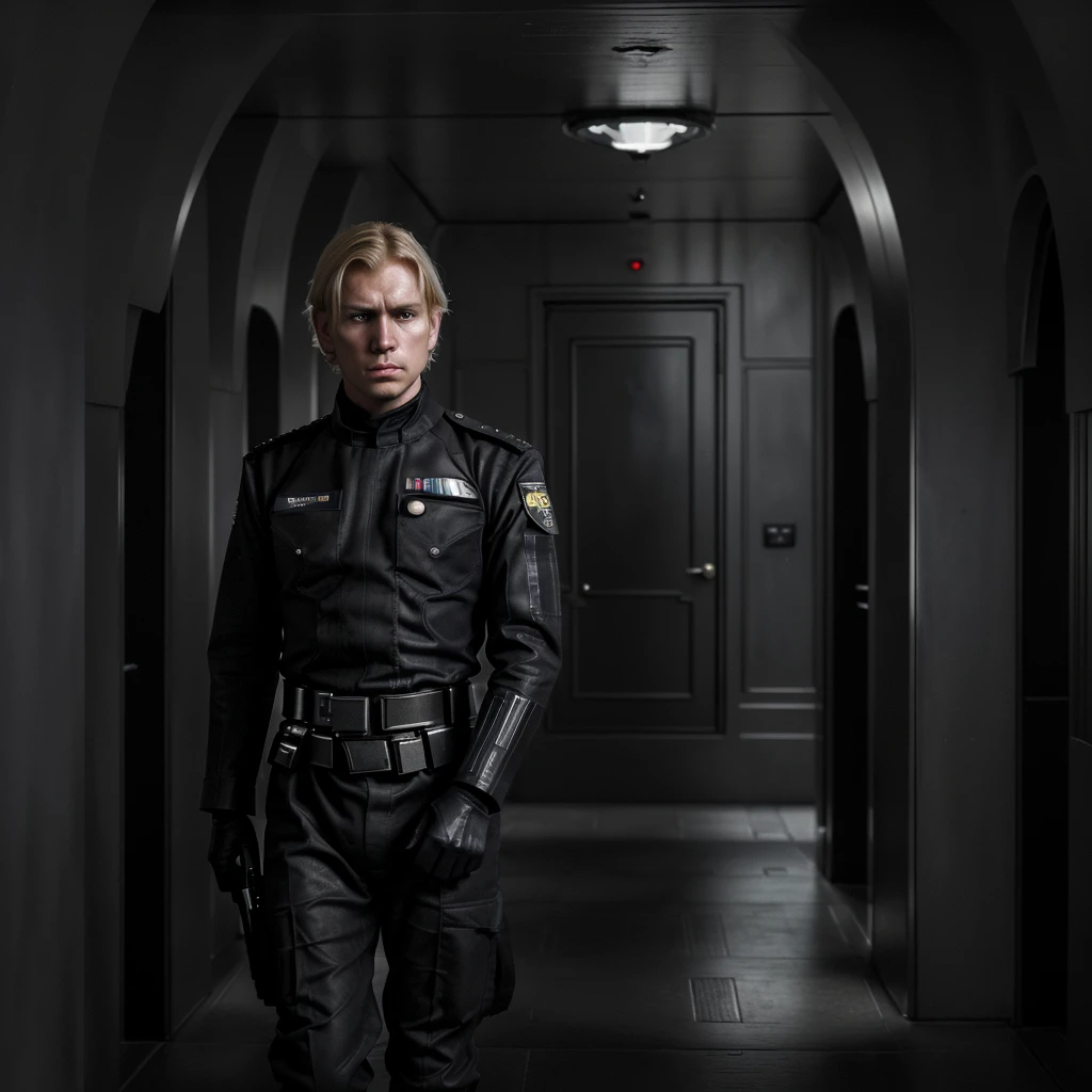 high-res,ultra-detailed,dark,imperial officer,military uniform,blonde man,young,serious expression,frown,blaster holstered on hip in a star destroyer corridor [imperial,dystopian,sci-fi],dramatic lighting,moody atmosphere