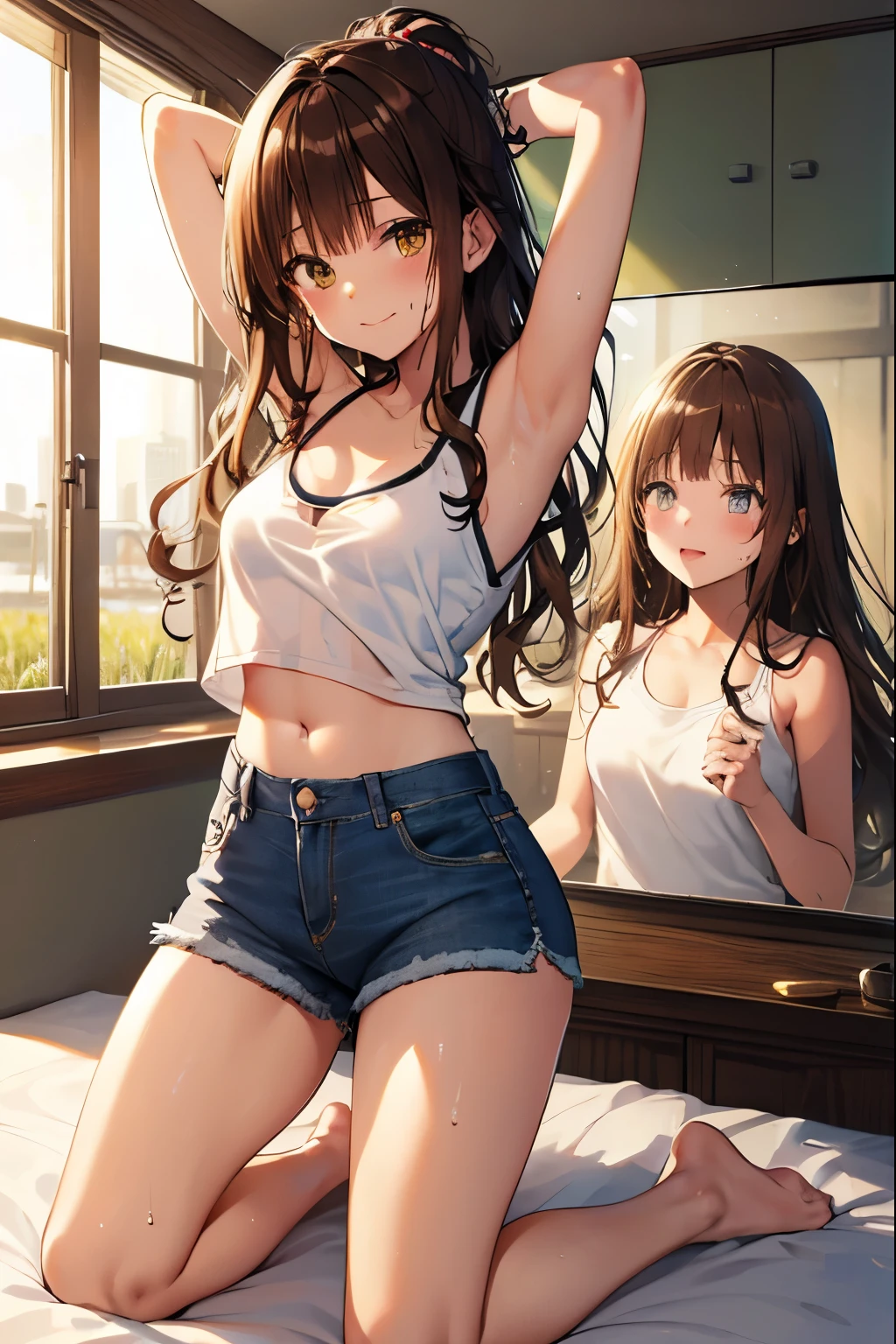 highest quality、 bra、beige shorts、cool look、Stretching your legs in your room、armpit sweat、Grass、ecstasy face,(glamorous figure)， (2 girls),(twins)， (highly detailed face, smile) ,, (japanese girl), Slightly round face, (Tan brown face:1.6), cute, Big eyes、2D，highest quality，(masterpiece)，(((The whole body is reflected)))，(((full body)))，Semi-long hair that reaches to the shoulders，((amber brown hair))，((beach waves))，healthy dark skin，((denim hot pants))，「cheap」A pink tank top with the words，Shiny bare legs，barefoot，beautiful brown eyes，attractive thigheaty ass，Sloppy body shape，Bedroom，Get drunk，upper grade，Expressive，cheeks are bright red，あざでcute，Sexy as hell，erotic look，Large drops of sweat all over the body，It&#39;s stuffy，sleep with your legs stretched out、my room
