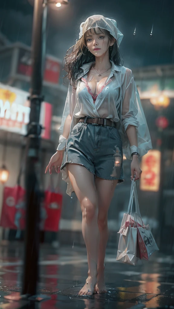 ((Low angle shooting:1.5)), (Photoreal:1.4, 8K, highest quality:1.3, masterpiece, ultra high resolution), ((Typhoon heavy rain)), Highly detailed skin and facial textures:1.3, perfect dynamic composition:1.2, (Modern city at night, In front of the supermarket at night, expression of sadness:0.7), (go up the stairs:0.7, View from directly below:0.7), Slim office lady wet in the rain:1.2, Fair skin:1.2, sexy beauty:1.1, perfect style:1.2, beautiful and aesthetic:1.1, very beautiful face:1.2, water droplets on the skin, (rain drips all over my body:1.2, wet body:1.2, wet hair:1.3), (Holding a wet shopping bag:1.2, How to properly wear wet casual clothes:1.3), belt, (Medium chest, Bra is sheer, Chest gap),  (Big eyes that exude beautiful eroticism:0.8, adult charm:0.8, Bewitching:0.8), necklace, earrings, bracelet, wedding ring, Highly detailed and accurate hand and finger representation