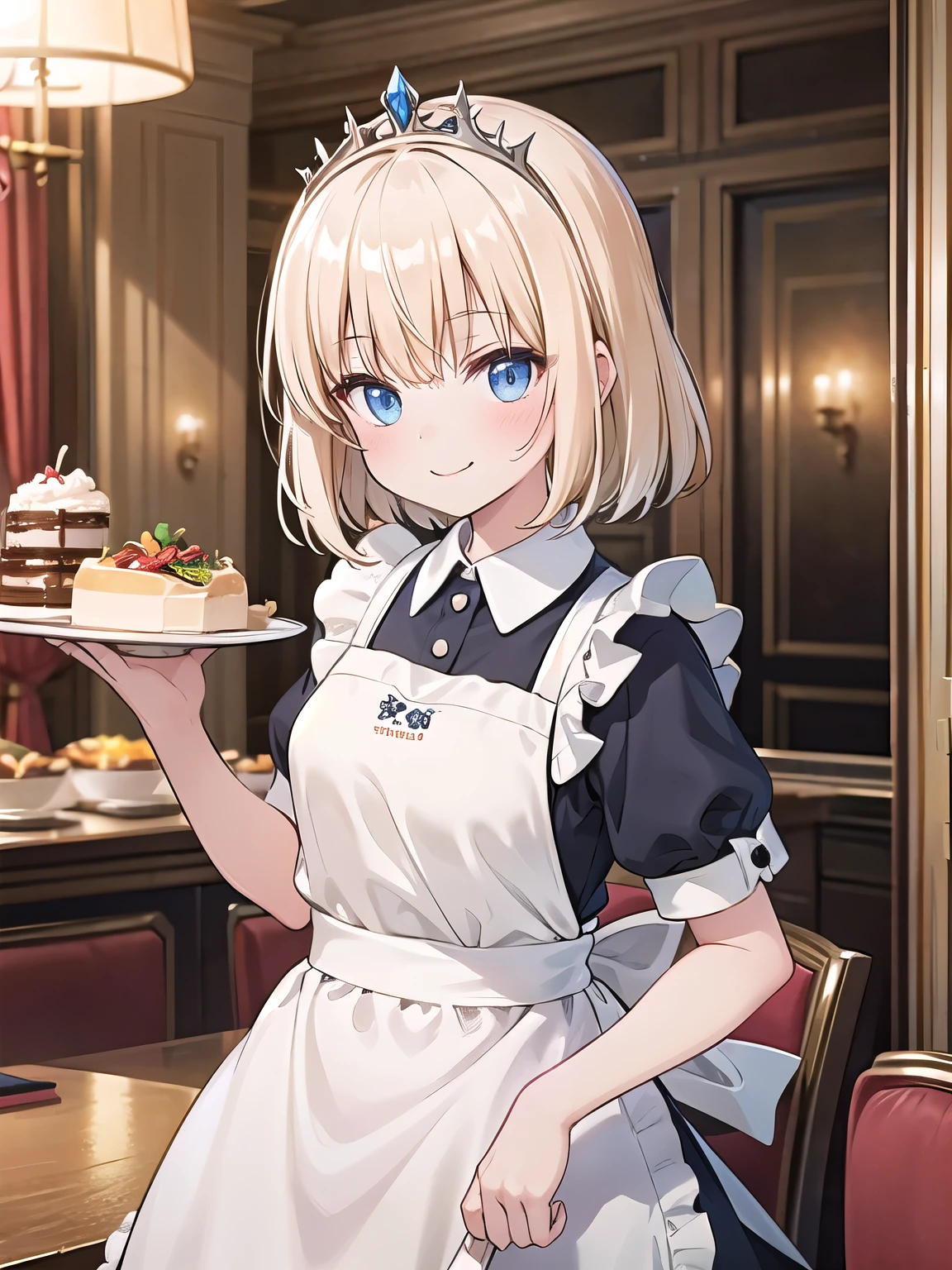 woman portrait ,blonde、黄色のapron、シロ色shirt、WhiteＴshirt、sweater　Clothes,restaurant,cinematic lighting、smile、blush、beautifully styled hair、straight、apron、黄色いapron、tiara、meal、ingredients