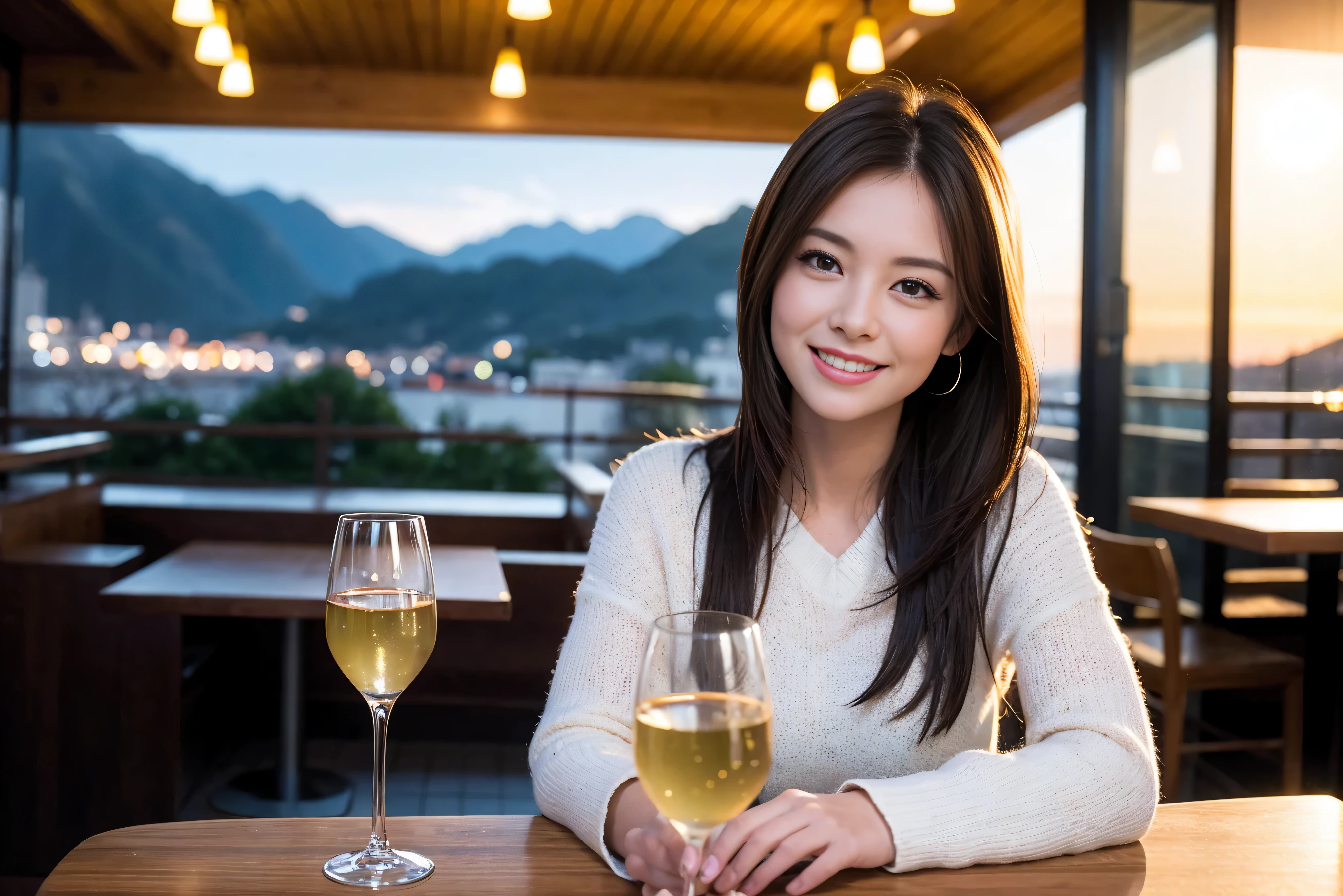((highest quality、8K、masterpiece:1.3))、sharp focus:1.2、beautiful woman perfect body:1.4、Slim body、((Bob Hale、straight hair:1.2))、(to be born, highest quality, masterpiece:1.5), (realistic, intricate details:1.2), ultra high resolution, confused,bright image、2 Wine Beauties, beautiful face, blue eyes, fine eyes, symmetrical eyes, light shines on your face, blush your nose, short hair,Spectacular view of the sunset sky and clouds、Amazing mountain views、A bright smile、A lovely woman with a smile、The woman's face is bright、fox face、lady、Wine Party、hors d'oeuvre、Italian food、2 beauties、brown hair、shortcut、long sleeve shirt、winter fashion、dress、Japanese、Englishman、Dutch、German、Belgian、Italian、French,Wine bottle、hors d'oeuvre、Champagne、sparkling wine、Pretty Woman 1, (slim face), (Because I'm slender), (brown hair), (shortcut), cheeks turn a little red, (43 years old), 39 years old, attractive beauty、, A beautiful and detailed night view spreads out outside the window.........., restaurant, sitting in a wine glass, At night, in a prominent place (from the waist up) nova frog style, actress, model, Upper body, White wine, slim, wine glass, very beautiful night view, wine glass placed in the middle, Smile, (smile: 1.15), beautiful fine eyes, Depth f/2,saturation, high contrast, strong light and shadow,moist body:1.5、3D texture、delicate eyes、brown hair、The hair is very shiny、