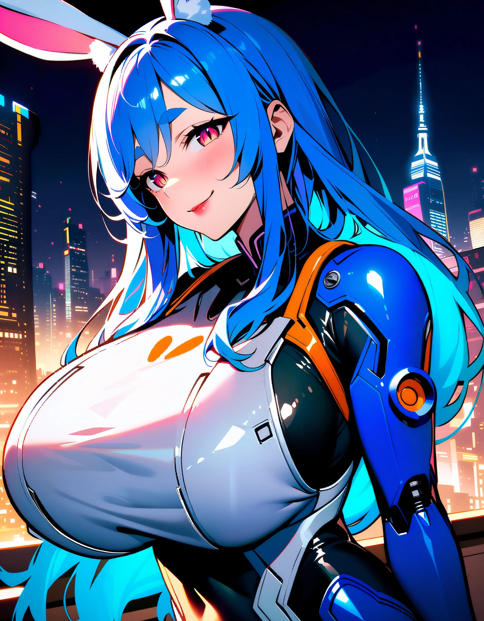 masterpiece, high quality, extremely detailed, 1girl, milf, solo, bunnygirl, pekomama, (huge breasts:1.5), ((((blue hair), long hair, pink eyes, slit pupils, rabbit ears))), red lips, (((mechanical bodysuit, blue-syriped bodysuit))), ((naughty smile), closed mouth), ((futuristic cityscape))