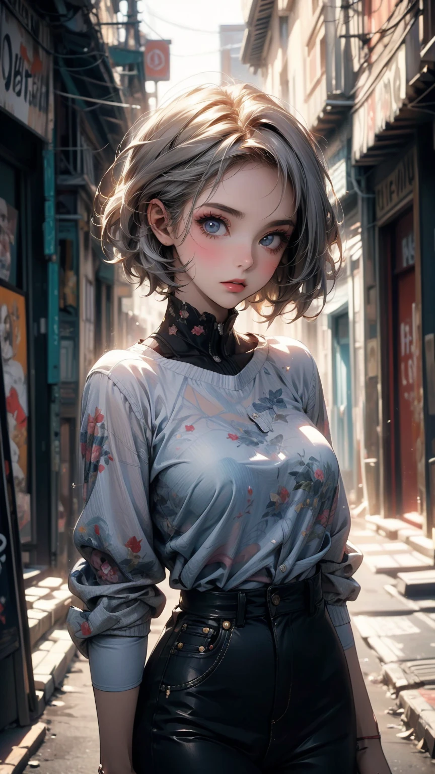 (masterpiece, High resolution, highest quality), ((20 year old woman, Composition from head to stomach, Upper body focus)), fashion pose, detailed eyes, Avant-garde makeup, messy short hair:1.2, ash gray hair, grunge fashion, blurred background, The deserted backstreets of Cuba:1.3, cinematic lighting, anime style, simple lines, digital painting,