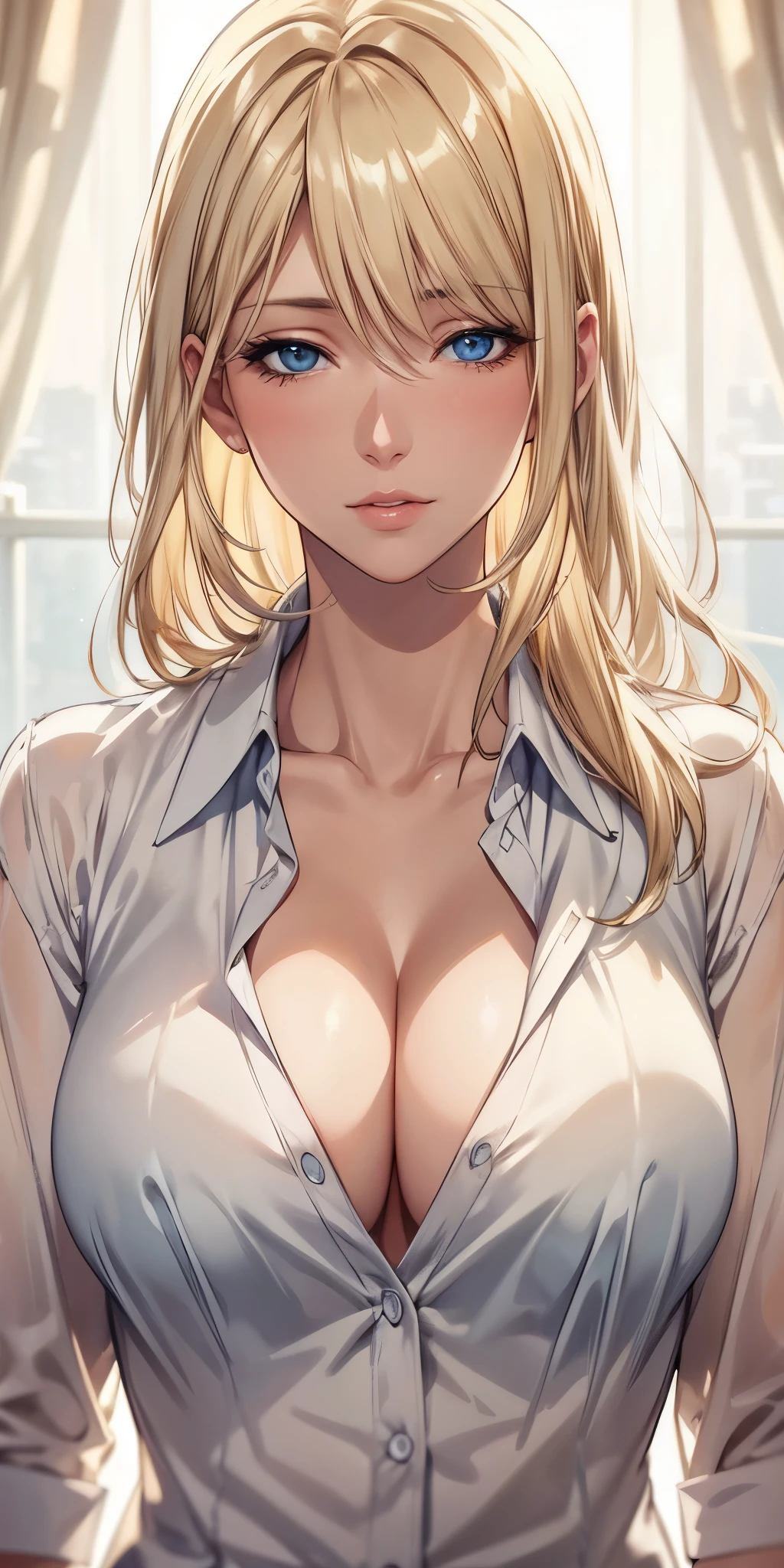 portrait, realistic, blue eyes, blonde hair, big breast, 4k resolution, high quality cg, beautiful cg, soft light, 