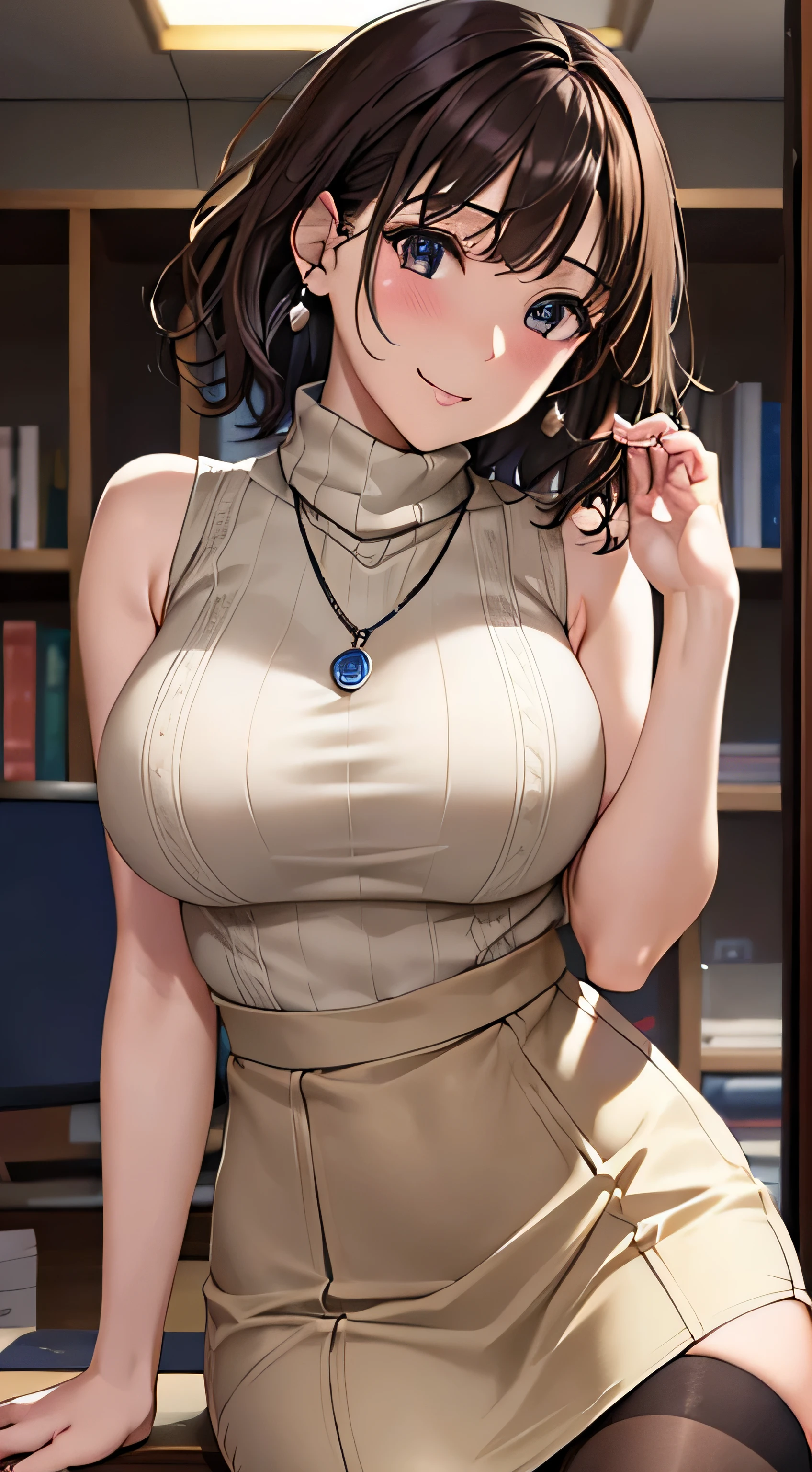 (table top, highest quality, High resolution, , perfect pixel, 4k,), 1 girl, single, alone, Beautiful woman、I could see the whole body、 ((wavy short hair, bangs, brown hair)), ((brown eyes, beautiful eyelashes, realistic eyes)), ((detailed face, blush:1.2)), ((smooth texture:0.75, realistic texture:0.65, realistic:1.1, Anime CG style)), medium breasts, dynamic angle, perfect body, ((, female teacher, , earrings、necklace、((Beige turtleneck sleeveless sweater))、Long flared skirt in dark blue、black knee high stockings、open both legs wide、、shy smile、sit at the desk in the library、lift up the skirt with both hands)), Upper grade、、、evening、、(Pink lace panties are visible、、、angle from below)、