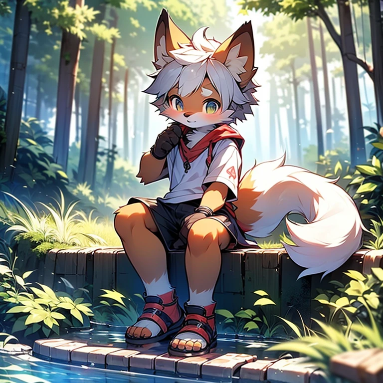 fluffy, Fox man, cute face, brown hair, White hair on chest, forest, creek, sandals, shorts, No top, lol,Shota