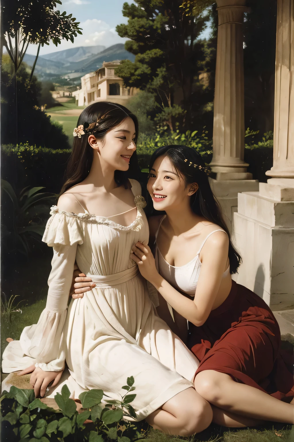 full body portrait or statue、Giorgione painting style,Arguments of two female Philosophe,math、astronomical machine、astronaut、roses in vase、fruits、Cute trinkets、smile、ancient greek costume、Ancient Roman landscape in the style of Nicolas Poussin,laughter,,Sweet and seductive appearance.、Caravaggio's paintings、Chiaroscuro of Caravaggio、hair tousled by the wind,Two women frolicking,cute smile, expression of ecstasy,Sexy,erotic