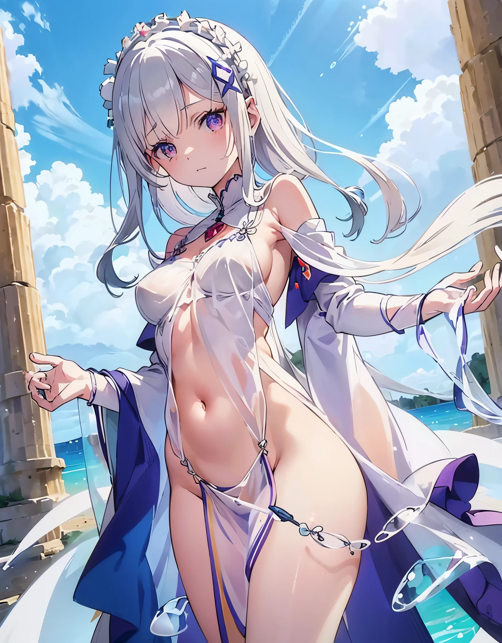 Emilia re:zero, purple eyes, Emilia, crown braid, x hair ornament, flower hair ornament, white hair, long hair, medium breasts,，Las piernas son muy delgadas，Las piernas son largas, , obra maestra, 1girl ((20 year, cuerpo delgado, ((Ancient Greek robe of colorless transparent fabric with minimal cloth area)), (colorless transparent loin cloth with minimal cloth area))), ( ))), (((((Perfectamente transparente, busto casi expuesto)))), (((Perfectamente transparente, casi expuesta entrepierna sin pelo carne levantada)))), (((Perfectamente transparente, hendidura en la entrepierna))), dobladillo de ropa flotante, Moist body, ropa mojada, Collares, Pulseras, Tobilleras, Sandalias, orilla del agua de la ciudad al estilo del antiguo Oriente,  expone el ombligo, senos medianos, pecho expuesto, desnudo, Diferentes poses, Coqueteos, They are smiling, boca abierta, Cabello largo, (cabello rosado, ojos azules profundos:1.2), ojos brillantes, cara linda, kawaii, senos grandes, cabello delicado, cabello despeinado,   ((low camera angle, Vista del suelo)) Alto y alto，delgado, 8k, Ultrarrealista, Arte Oficial,