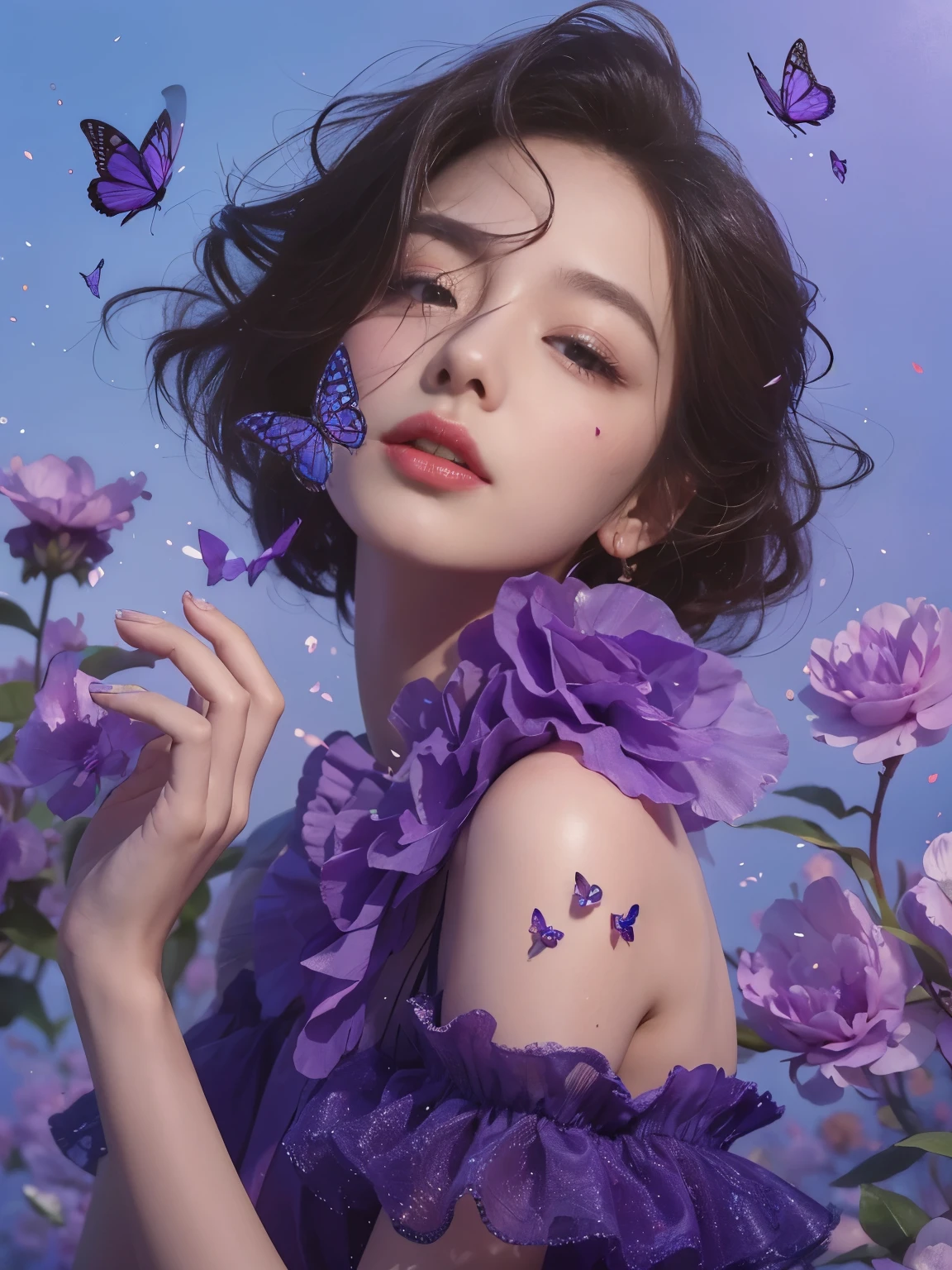 Purple flowers and butterflies flying in the air,A woman holding a butterfly in her hand, Beautiful digital artwork, Beautiful digital illustration, author:Li Song, author:Yang Jie, Beautiful digital illustrations, author:unbelievable, Beautiful digital art, inspired by Yanjun Cheng, Chen Lin, 8k high quality detailed art, fantasy art style, Beautiful ornate digital art, Beautiful digital painting