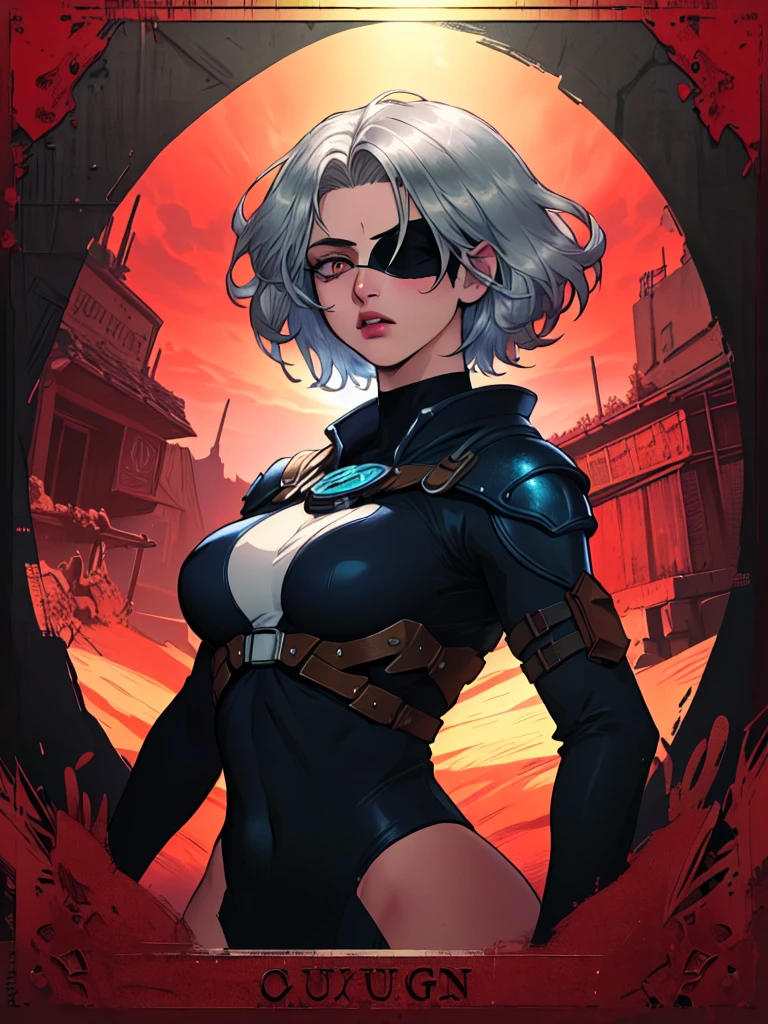 cowboy shot of futuristic detective lady, cybernetic jaw, short white hair, glowing eyes, red lips, white shirt, unbuttoned, black pants, vest, holster, mechanical parts, prosthetic arm,