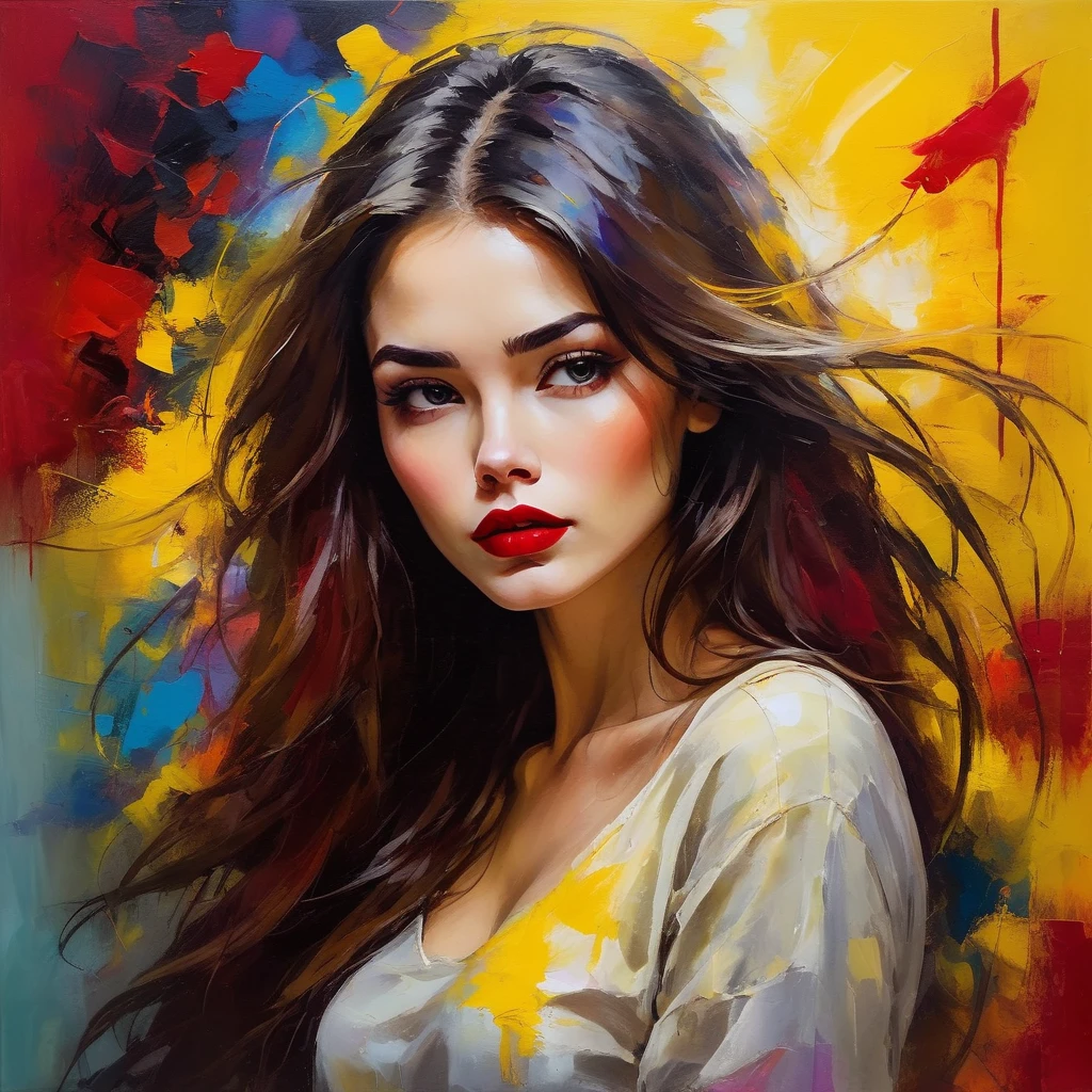 A beautiful woman with a yellow background, long hair, messy hair, full red lips, bright colors, colorful brushstrokes, oil painting style, expressive, abstract, high-level, full of emotions, mysterious lighting, dramatic, and deep sadness.
