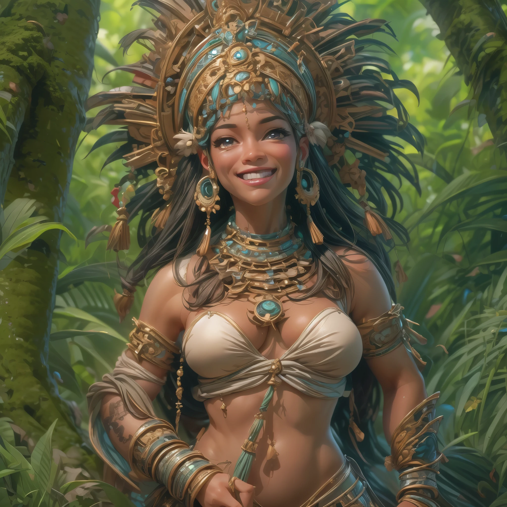 (best quality,4k,8k,highres,masterpiece:1.2),ultra-detailed, Taino Goddess Atabey, m1ch3ll3r-v2, Milf, wide hips, smiling maternally, warm motherly smile, looking at viewer, drawn in the style of Yoshitaka Amano, HDR, 8k, absurdres, cinestill 800, sharp focus, add_detail:2