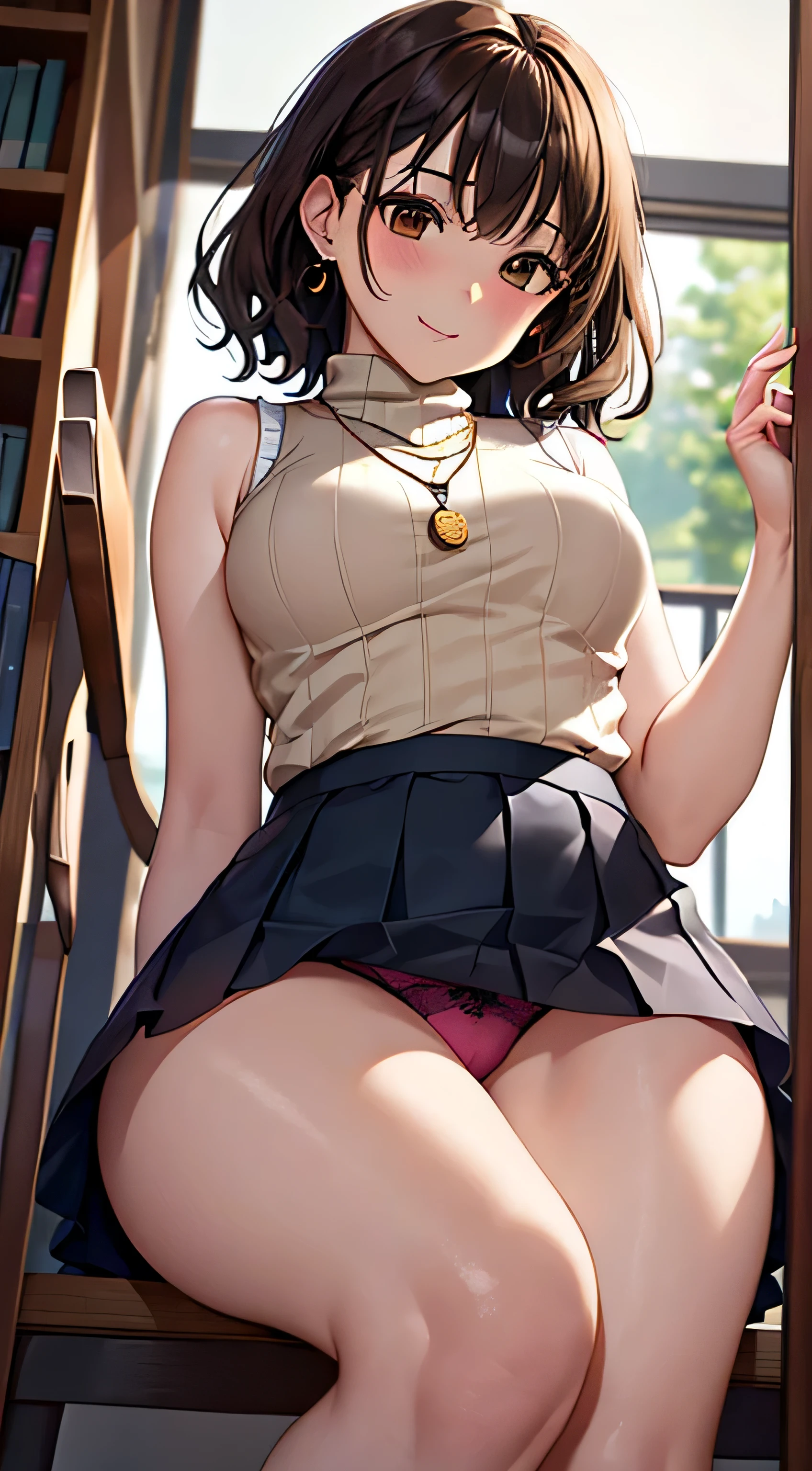 (table top, highest quality, High resolution, , perfect pixel, 4k,), 1 girl, single, alone, Beautiful woman、I could see the whole body、 ((wavy short hair, bangs, brown hair)), ((brown eyes, beautiful eyelashes, realistic eyes)), ((detailed face, blush:1.2)), ((smooth texture:0.75, realistic texture:0.65, realistic:1.1, Anime CG style)), medium breasts, dynamic angle, perfect body, ((, female teacher, , earrings、necklace、((Beige turtleneck sleeveless sweater))、Long flared skirt in dark blue、black knee high stockings、open both legs wide、、shy smile、sit at the desk in the library、lift up the skirt with both hands)), Upper grade、、、evening、、(Pink lace panties are visible、、、angle from below)、