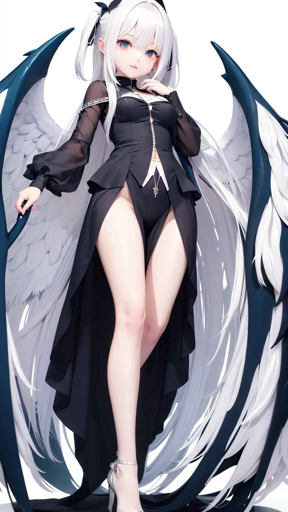 Anime Angel Girl descending, show her full body, white background, white hair, short long hair