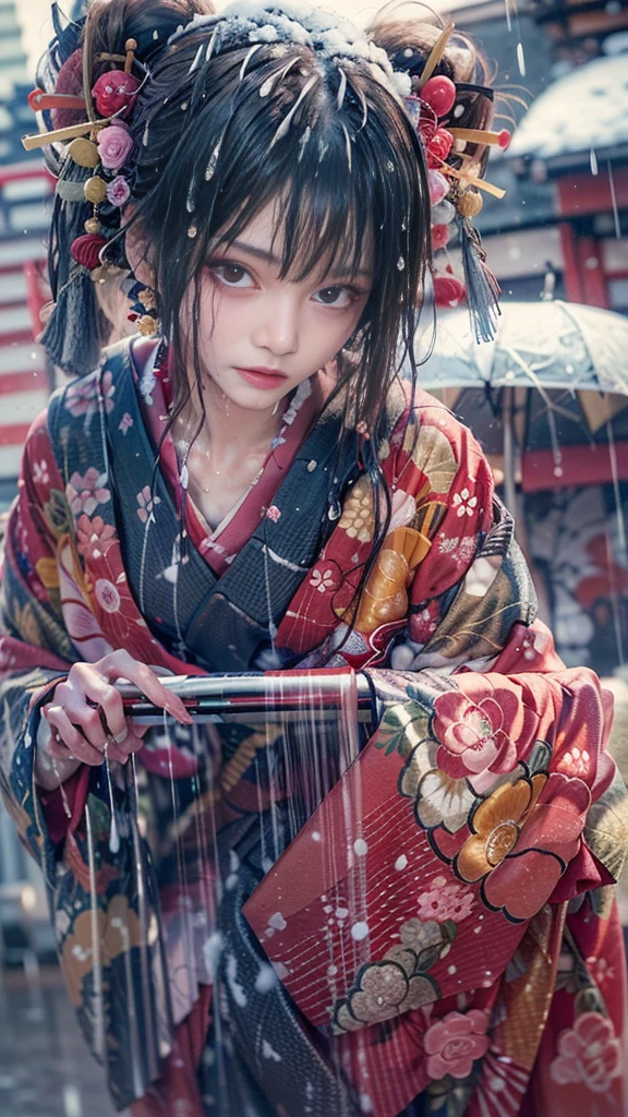 ((Low angle shooting:1.5)), (Photoreal:1.4, 8K, highest quality, masterpiece, ultra high resolution), ((heavy snow)), perfect dynamic composition:1.2, (In front of the shrine at night during the Taisho period, expression of sadness:0.9), (go up the stairs:0.9, View from directly below:0.9), Highly detailed skin and facial textures:1.2, Skinny prostitute in the rain:1.3, Fair skin:1.2, sexy beauty:1.1, perfect style:1.2, beautiful and aesthetic:1.1, very beautiful face:1.2, water droplets on the skin, (rain drips all over my body:1.2, wet body:1.2, wet hair:1.3), (Professional kimono dressing:1.1, Holding a wet bouquet:1.2, Wet Courtesan Costume:1.35), (Medium chest, Bra is sheer, Chest gap),  (Big eyes that exude beautiful eroticism:0.8, Lips that exude beautiful eroticism:0.8, Too erotic:0.8, Bewitching:0.8), necklace, earrings, bracelet
