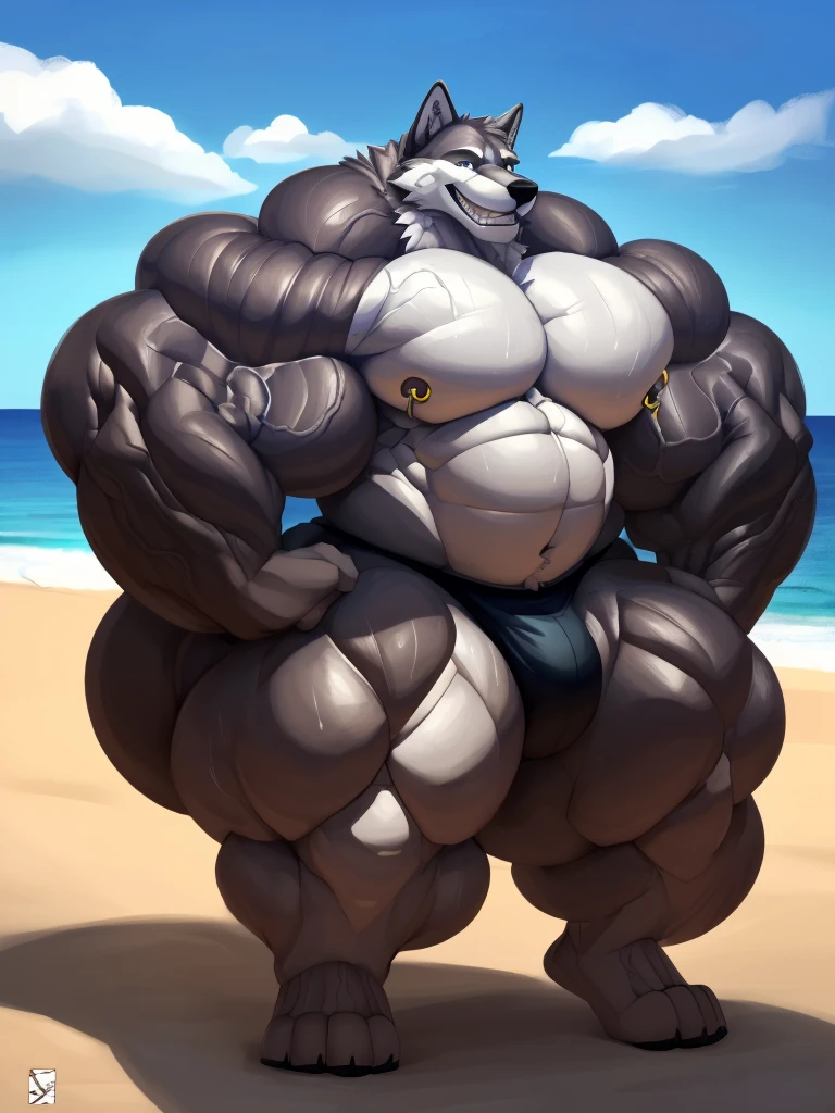 4k, high resolution, best quality, perfect lightning, perfect, solo, anthro, young, boy,white wolf:2.0, furry body, (fluffy mane:1.2), fluffy tail, male, adult, (bulky2:0, thick muscles2:0, huge muscles:2.0, hyper muscles:2.0), (thick biceps, veiny biceps, big broad veiny pecs:2.0, broad shoulders:2.0), (thick legs, thick calves:1.1), (digitigrade legs, 4 toes:1.2), perfect colors, (photorealistic fur, detailed fur, epic, masterpiece), (suggestive posing:1.2), (seductive smile, lustful grin 1.3), detailed beach,detailed wolf eyes:2.0, by k0suna, by darkgem,nipple ring,big pecs:2.0,hyper arms:2.0,veins,white body,white fur,hyper butt:2.0,hyper paws:2.0,standing,thick legs,thick butts:2.0,black briefs,sweat body:2.0