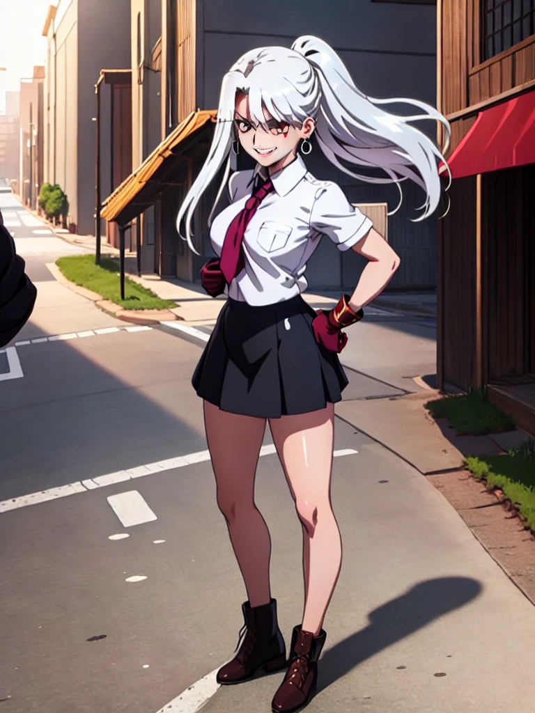 cartoon, sukeban illyasviel_von_einzbern, mature_female, silver hair, holding yoyo, combat pose, full body, flowing hair, hair between the eyes, asymmetrical hair, red eyes, delicate facial features, sukeban deka clothe, looking_at_viewer, outdoors, background tokyo, ((solo girl:1,5))+++++,woman in a 80's sukeban seifuku standing on a set of strees, black , 80's japanese sukeban photo, sukeban seifuku, 80's japan, sukeban, long black skirt, red converse, full body, light skin tone female, full body, tape, arm_support, gloves, red_gloves, bridal gauntlets, blackred_footwear, fighter outfit, full body, hourglass, mature face, cheeky smile, cheeky face, wrinkles,( silver long hair, earrings, ear piercings), (fighting art, Martial arts, standing, fighting_stance, fight, fighting), extra colors, 2D, megapixel, perfectionism, accent lighting, full HD , 4K, masterpiece, empty red eyes, extra colors, 2D, megapixel, perfectionism, accent lighting, full HD , (Masterpiece:1.2), (full-body-shot:1),(cowboy shot:1.2), (Highly detailed:1.2),(anime Detailed Face:1.2), Colorful, A detailed eye, (Detailed landscape:1.2), (natural lighting:1.2), ((sukeban school teacher)) by Vincent Di Fate: Aidyllery, Anamorphic Shot, rule of thirds, face by Artgerm and WLOP, ((street of rage 4 city backround)), fictive city backround in the style art of street of rage 4,