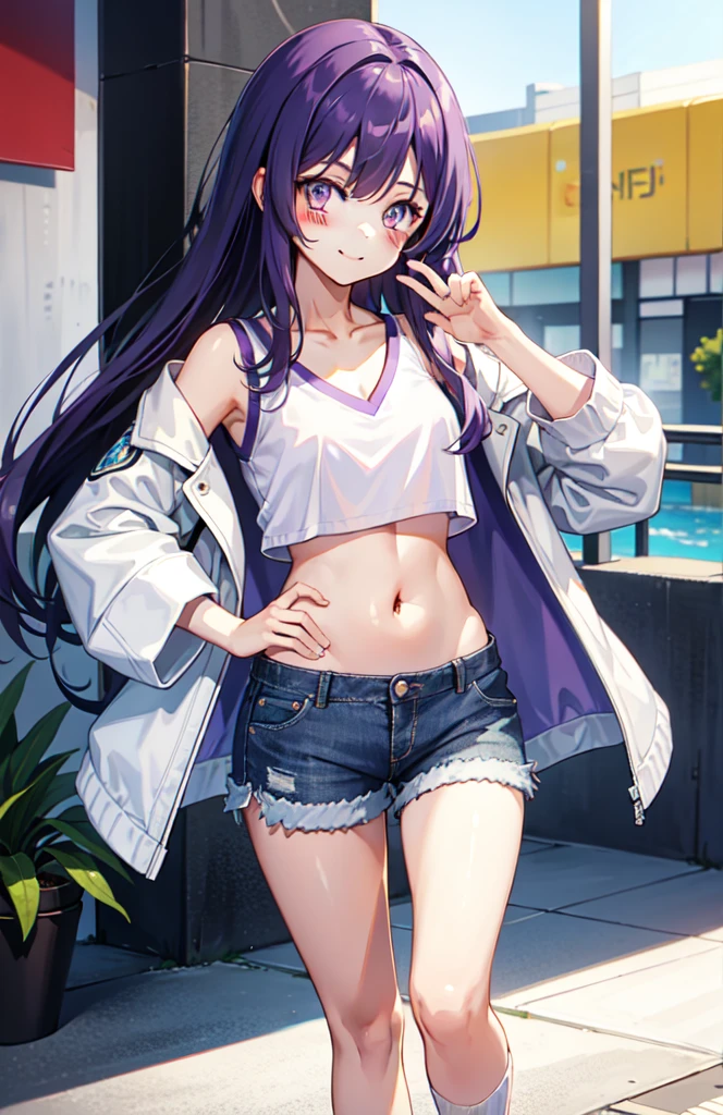 1 girl,  long purple hair, white jacket, short jeans, shorts, crop top, Show belly, city road, permanent, (masterpiece:1.2), high resolution, best quality, 8K, sexy pose, blush, Shy, Smile, V-neck shirt, Show Middle , beat, socks, very shorts,Pregnant