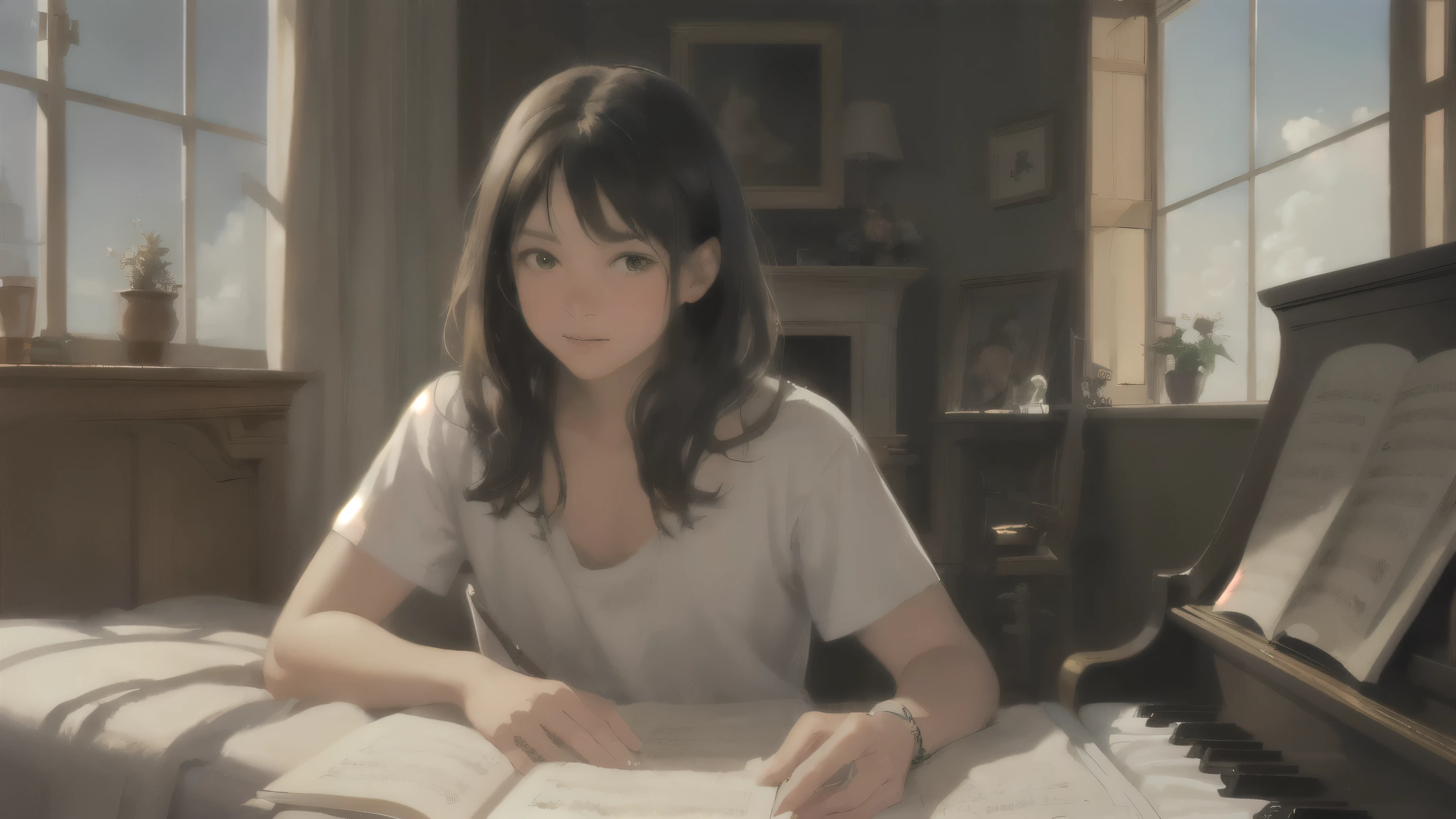 Image of an arafifty man playing piano in his room, inspired by Sophie Gengembre Anderson, Inspired by Mark Keathley, By Bob Byerly, Daniil Gerharts, inspired By Bob Byerly, Award-winning oil painting, Virtuoso paintings, Written by Howard Lyon, hard morning light, アーティストのby steve hanks, by steve hanks