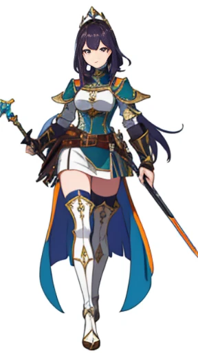 (((Best Quality))) , ((full body)), female, high fantasy outfit, reference sheet, solo, (white background), holding staff or sword, gauntlets, thigh high, belt, blue, orange, green, violet, brown, white, sexy outfit,
