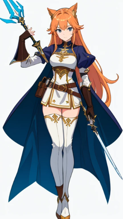 (((Best Quality))) , ((full body)), female, high fantasy outfit, reference sheet, solo, (white background), holding staff or sword, gauntlets, thigh high, belt, blue, orange, green, violet, brown, white, sexy outfit,