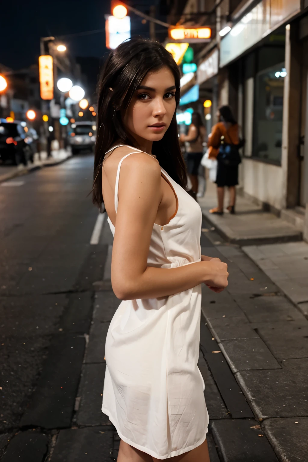 A model with black brown hair and white skin on a street at the time of night with night lights on wearing a orange dress and a blur effect in the background