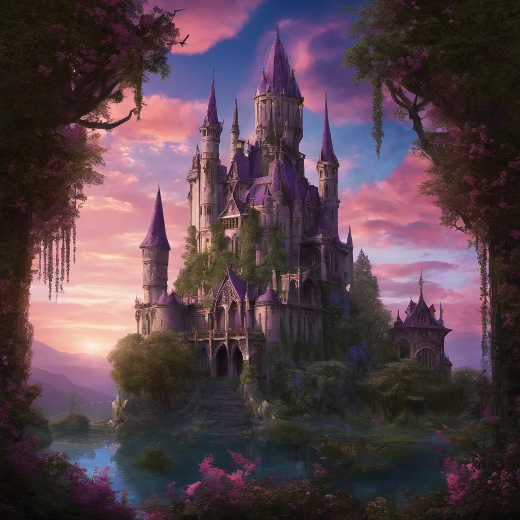 (highres,masterpiece:1.2),ultra-detailed,realistic,enchanted elven castle,high turrets,hanging gardens,tall centuries-old trees,beautiful detailed gardens,breathtaking rose-violet shades,serene blue hues,pinkish-orange clouds