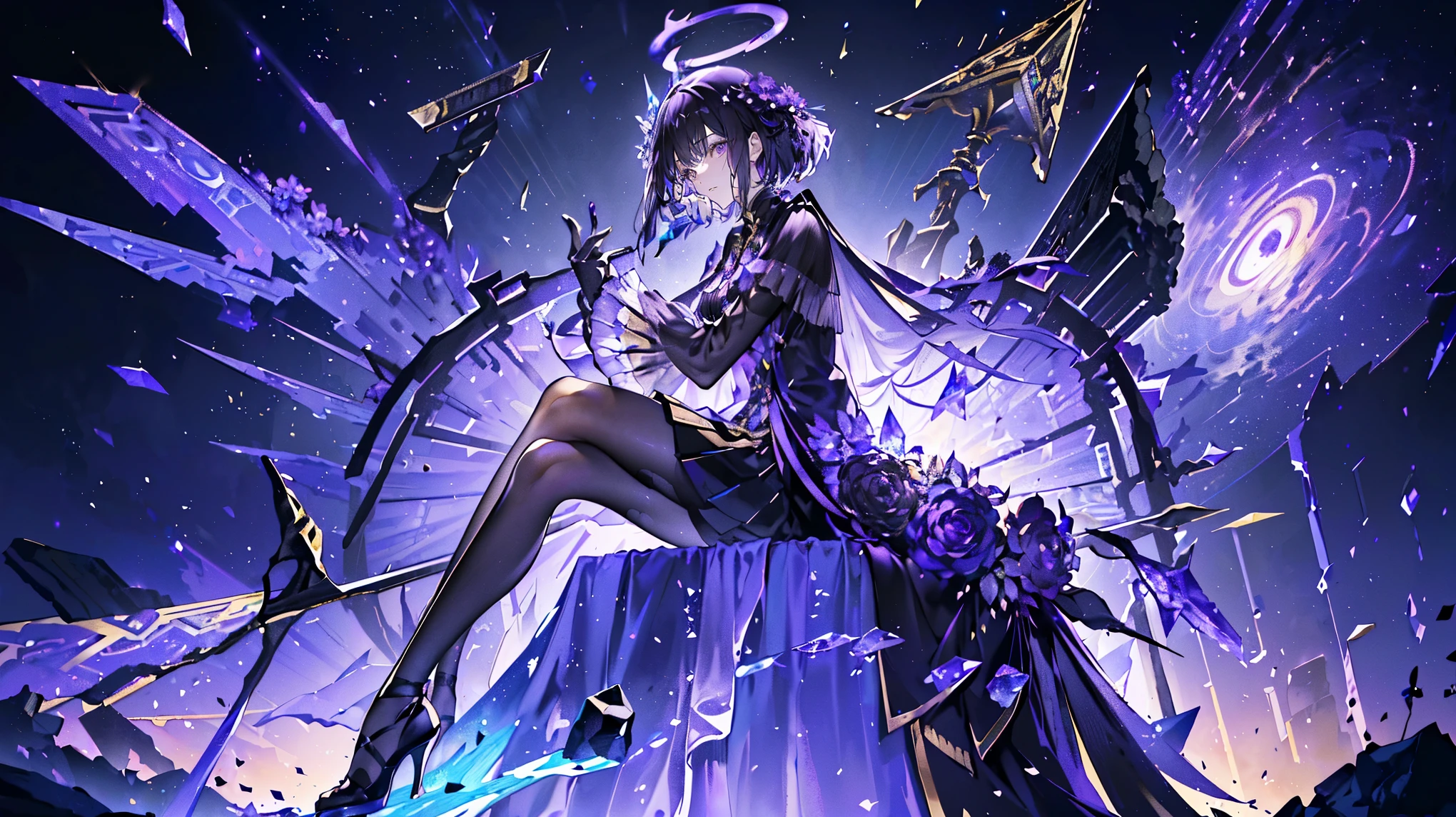 (super detailed)),((illustration)),((masterpiece)),(((need))),((beautifully、最高品质 CG Unity 8K 壁纸masterpiece),((4k,masterpiece,best quality)),Woman with purple black hair,Mature,Playful eyes,Black and gold tulle skirt,Lilac veil,Black and gold embellishment,dim light,Hold the Pharaoh's scepter,Coercion,A huge pyramid emitting a dim purple light,halo,Holding a solid triangle in hand,Floating in the air abstract symbols,A planet that is collapsing from the inside out,celestial body,Black Hole Black Silk,black high heels,British style monocle,in the museum,There are many items with unique shapes,There is a huge three-dimensional figure behind you,sitting on the black throne,Crystal ball decorated with stars,Holding a bunch of purple flowers in hands,A sea of purple flowers,Black and gold stripes,Melting statue,Full body close-up perspective