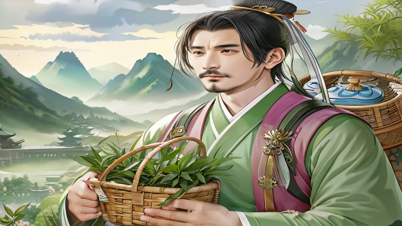 Arafad image of a man holding a basket of green tea, inspired by Guan Daosheng, heise jinyao, Inspired by Bian Shoumin, Inspired by Huang Shen, Inspired by Dong Yuan, Inspired by Zhao Yuan, Inspired by Shen Zhou, Inspired by Cao Zhibai, Inspired by Hong Ren, inspired by Wu Daozi