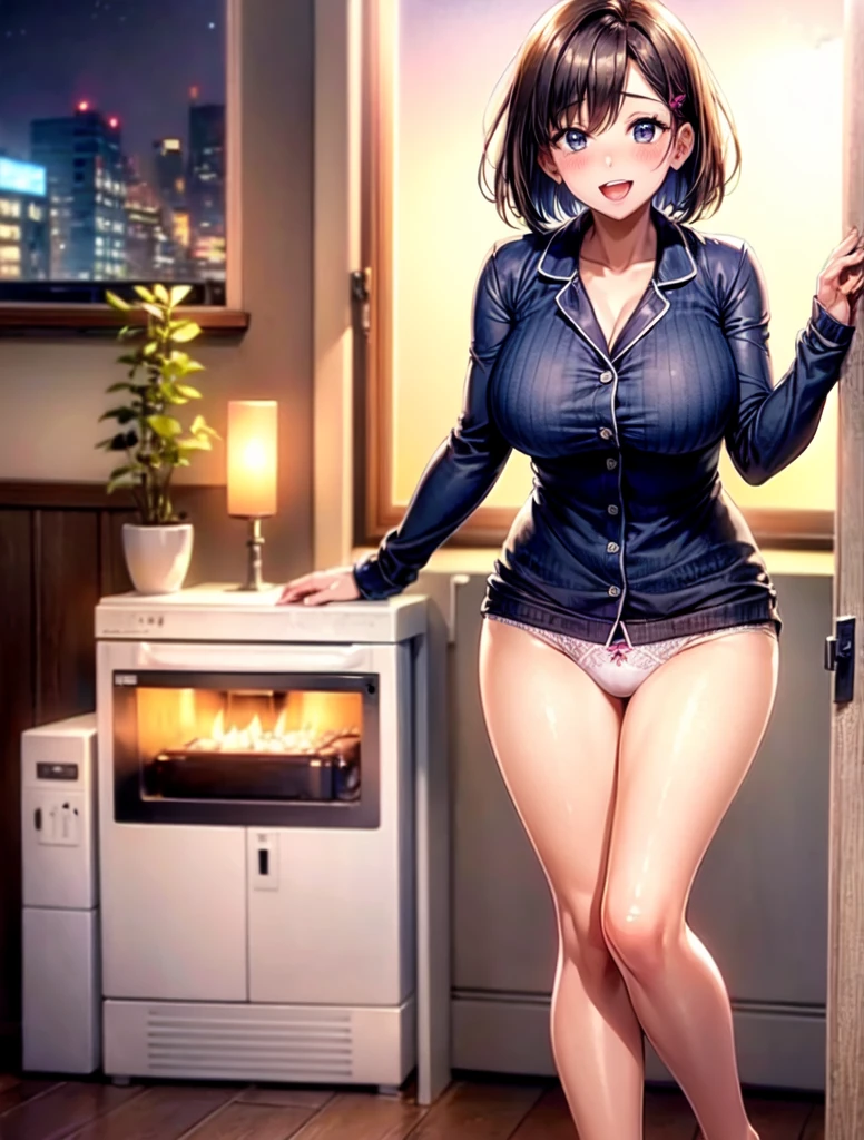 ((highest quality)), ((masterpiece)), ((perfect face))、、bob hair、the skirt is rolled up、show panties、orgshed facao、pajamas
