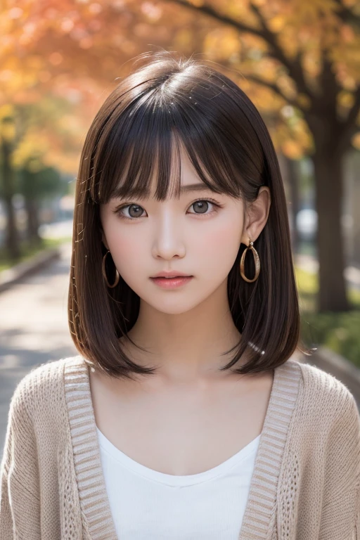 one girl, (a beauty girl, Delicate girl:1.3), (13 years old:1.3),
break, (Tree-lined avenue in autumn:1.2), (cardigan:1.2),
break, very fine resolution, (symmetrical eyes:1.3),
break, small breasts, brown eyes, parted bangs, brown hair, girl,
break, (Eye and face details:1.0), (get closer to the face, zoom in on the face, face focus:1.0),
break, (masterpiece, highest quality, super detailed, detailed face, 8K)、From above、earrings、hair blowing in the wind、blush your cheeks、embarrassed expression、I'm embarrassed、high angle、super realistic photos