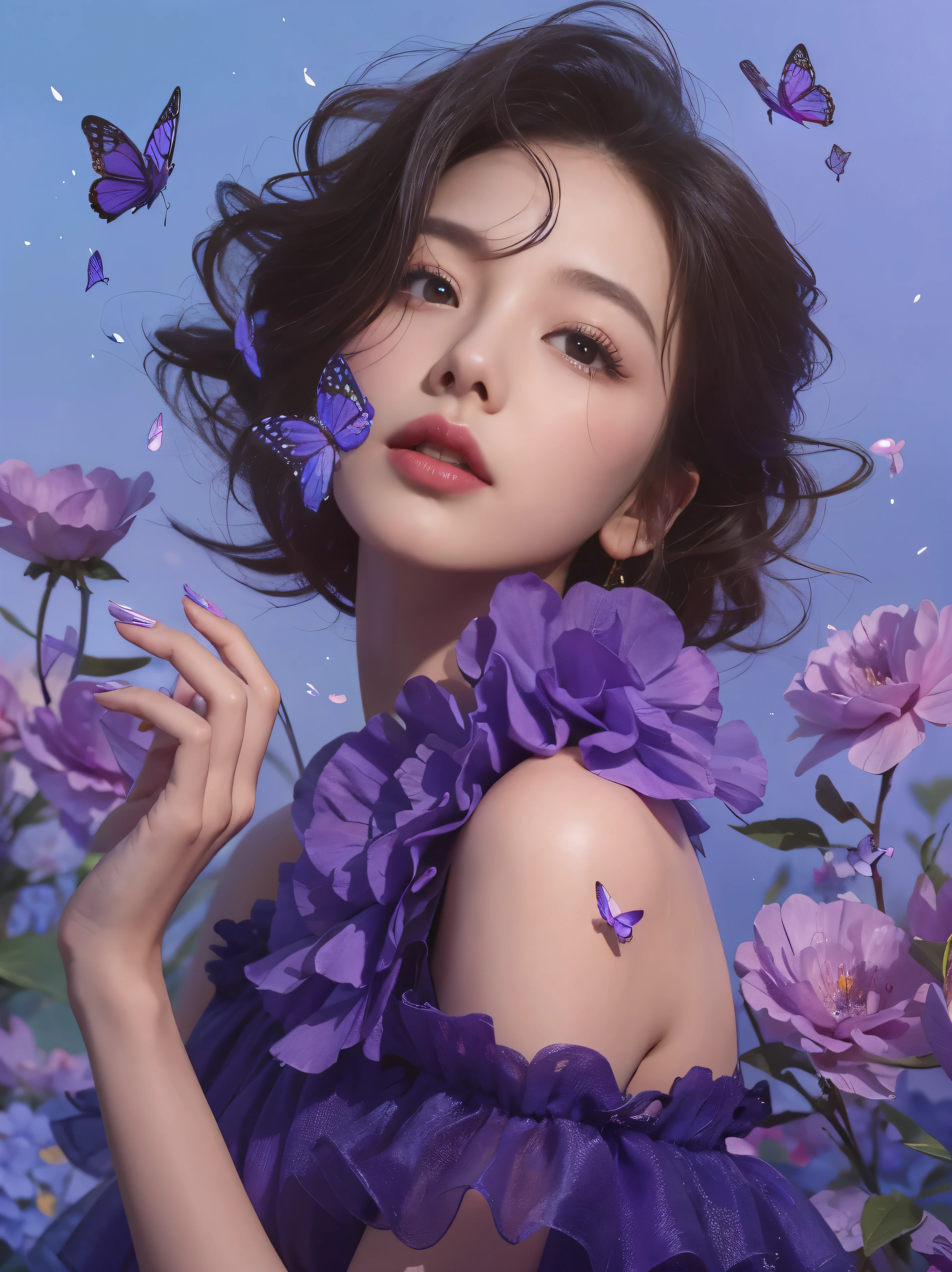 Purple flowers and butterflies flying in the air,A woman holding a butterfly in her hand, Beautiful digital artwork, Beautiful digital illustration, author:Li Song, author:Yang Jie, Beautiful digital illustrations, author:unbelievable, Beautiful digital art, inspired by Yanjun Cheng, Chen Lin, 8k high quality detailed art, fantasy art style, Beautiful ornate digital art, Beautiful digital painting