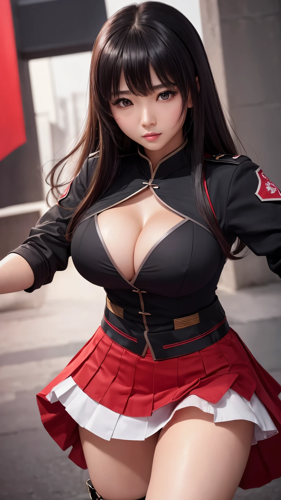 ((highest quality)), ((8k), (detailed face), (highlight), girl、cleavage、breast enhancement、Asian、bangs、black髪、skirt、combat uniform、white、red、black、