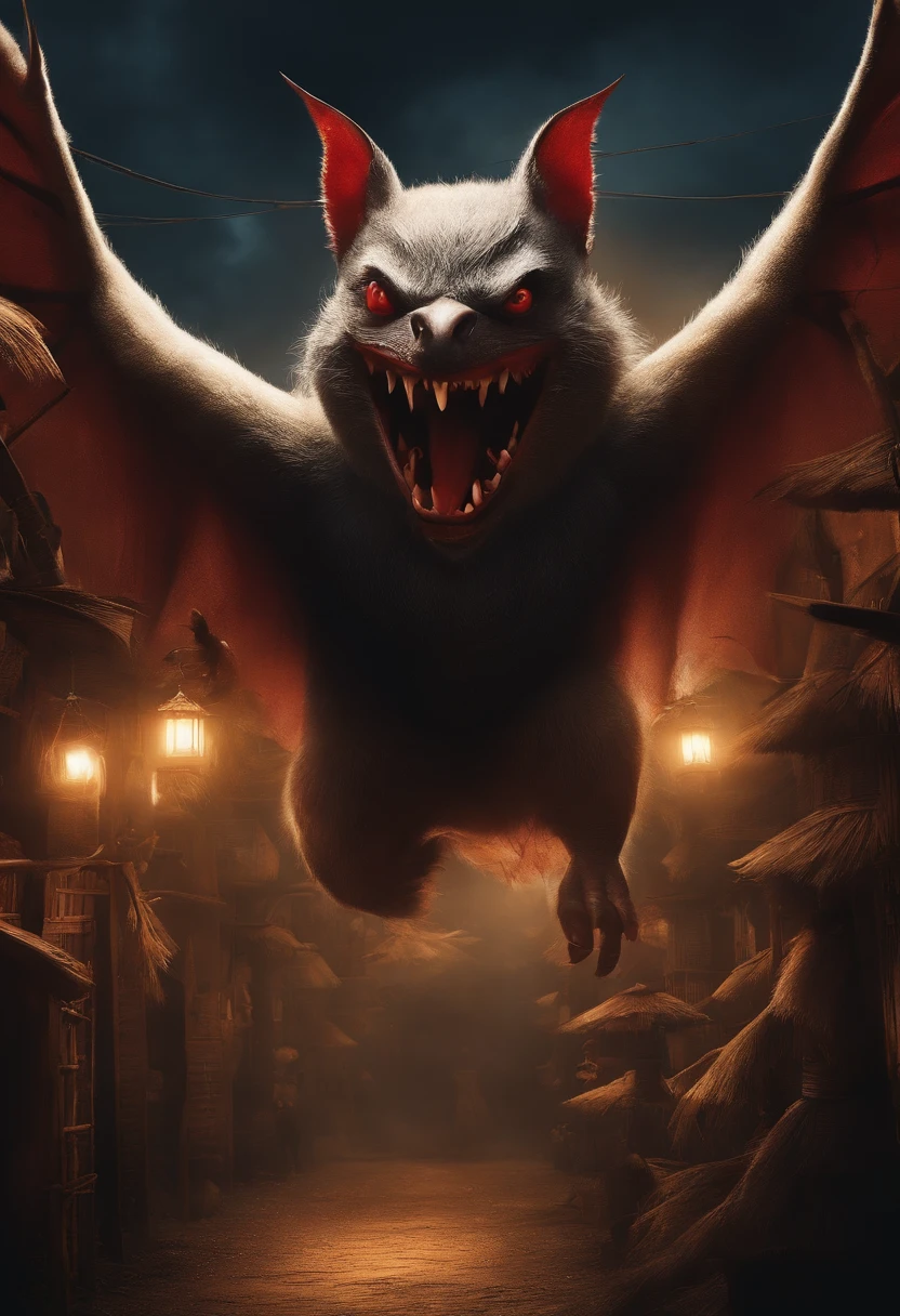 A detailed fight in a Filipino Barrio filled with Kubo made of small houses with bamboo barricades. A fight between filipino barrio people wearing white long sleeve shirts and holding big knives to attack daguit creature who would emerge from the shadows to capture innocent souls. Daguits are monsters in the dark that forms as black big bats in the sky with red eyes and has two flapping wings to capture innocent souls.