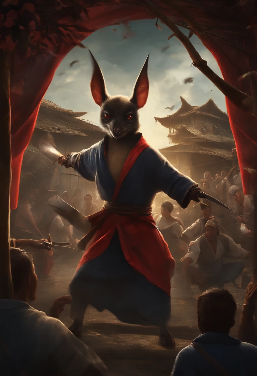 A detailed fight in a Filipino Barrio filled with Kubo made of small houses with bamboo barricades. A fight between filipino barrio people wearing white long sleeve shirts and holding big knives to attack daguit creature who would emerge from the shadows to capture innocent souls. Daguits are monsters in the dark that forms as black big bats in the sky with red eyes and has two flapping wings to capture innocent souls.
