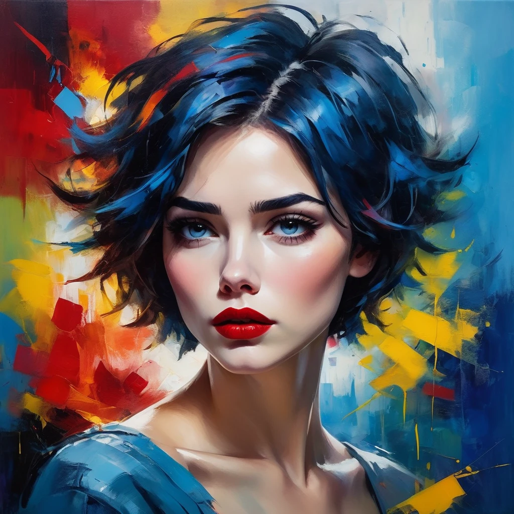 A beautiful woman with a blue background, short hair, messy hair, full red lips, bright colors, colorful brushstrokes, oil painting style, expressive, abstract, high-level, full of emotions, mysterious lighting, dramatic, and deep sadness.