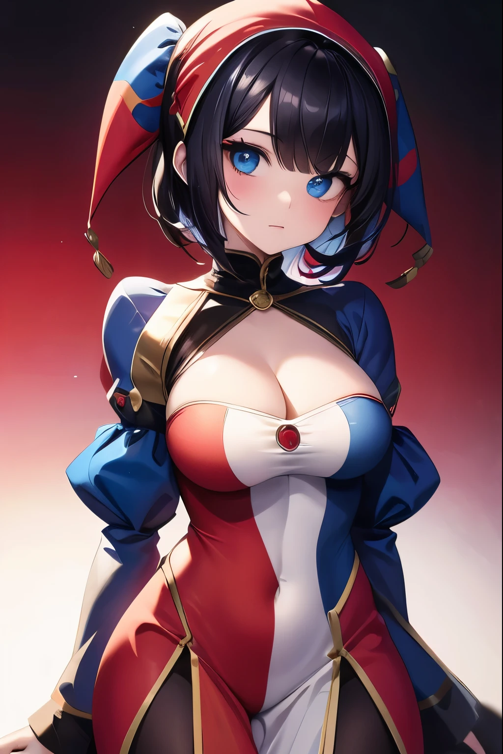 girl in a jester costume, medium large breasts, medium short hair, black hair, red and blue eyes, heterochromia,
