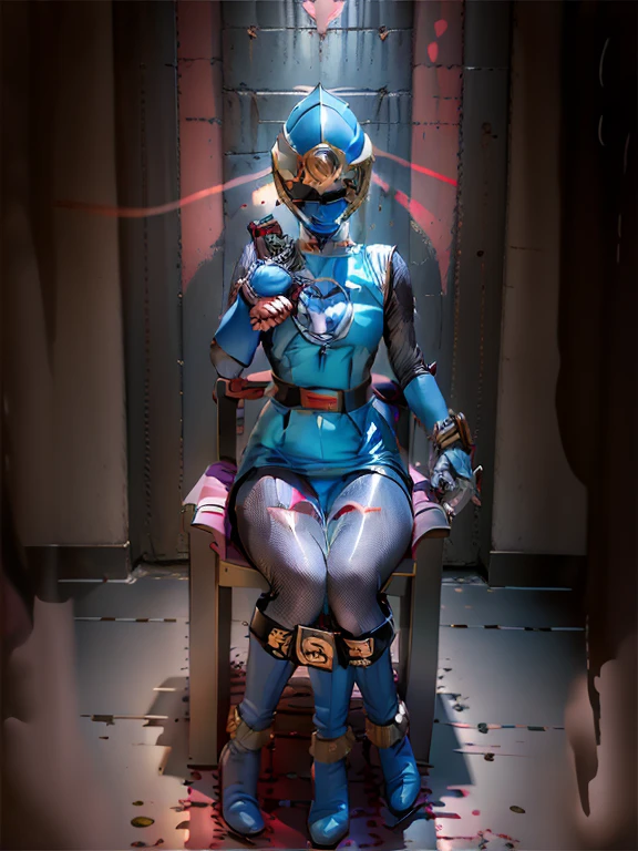 Hurricane Blue. Blue bodysuit. The sheen. Thighs and arms wrapped in silver fishnet stockings. chastity belt. heart tattoo. Do not expose skin. Latex boots and long gloves. The sheen. Pink glow. deadpan. Blue helmet.Black tattoos all over the body. Elements of evil. sit a chair. Mechanical chair. Restraint chair. Chained cords.