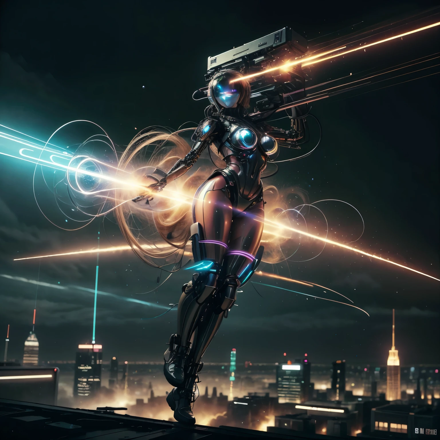 (highest quality、4k、8k、High resolution、masterpiece: 1.2)、Super detailed、(real、photorealistic、photorealistic: 1.37)、SF、beautiful young woman、bounty hunter、Cybernetic Weapons、cyberspace、High Tech City、Shining neon lights、((futuristic fashion))、((Skin-tight pink metallic outfit))、mythical creatures、intense action、Fast-paced、Exciting soundtrack、explosion、Advanced technology、Sharp contrast、Gritty atmosphere、Black Market Trading、Skyline at night、Steampunk elements、Laser gun combat、Hidden Alley、hovering drone、Enhanced Vision、The unforgiving metropolis、Cybernetic Implants、Secret organizationysterious Informant、High Speed Chase、Impressive acrobatics、Colorful holograms、Urban Exploration、Navigating Virtual Reality、A diverse and multicultural society、Dystopian society、 Crowded city street、hall々A high-rise building、Android Companion、Illegal cybernetic modifications、A heart-pounding adrenaline rush、Heroic determination