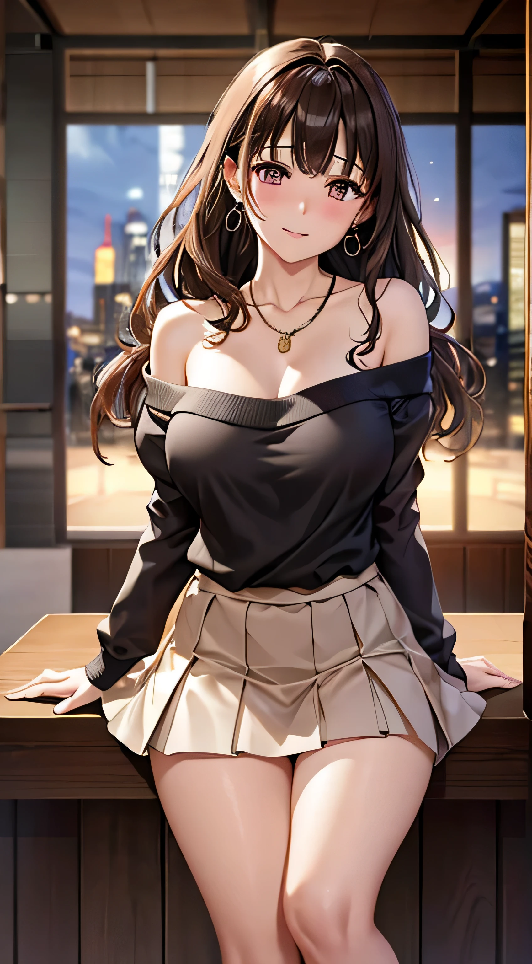 (table top, highest quality, High resolution, , perfect pixel, 4k,), 1 girl, single, alone, Beautiful woman、I could see the whole body、 ((Wavy mid-hair, bangs, brown hair)), ((brown eyes, beautiful eyelashes, realistic eyes)), ((detailed face, blush:1.2)), ((smooth texture:0.75, realistic texture:0.65, realistic:1.1, Anime CG style)), ??????????????, dynamic angle, perfect body, ((, female teacher, , earrings、necklace、beige off shoulder sweater、Long pleated skirt、black knee high stockings、pink lace panties、shy smile、Lift up your skirt and show your panties)), Upper grade、、、evening、、Bring your arms together to emphasize your ?????、Hold the necklace between your ?????、(、()、angle from below)、