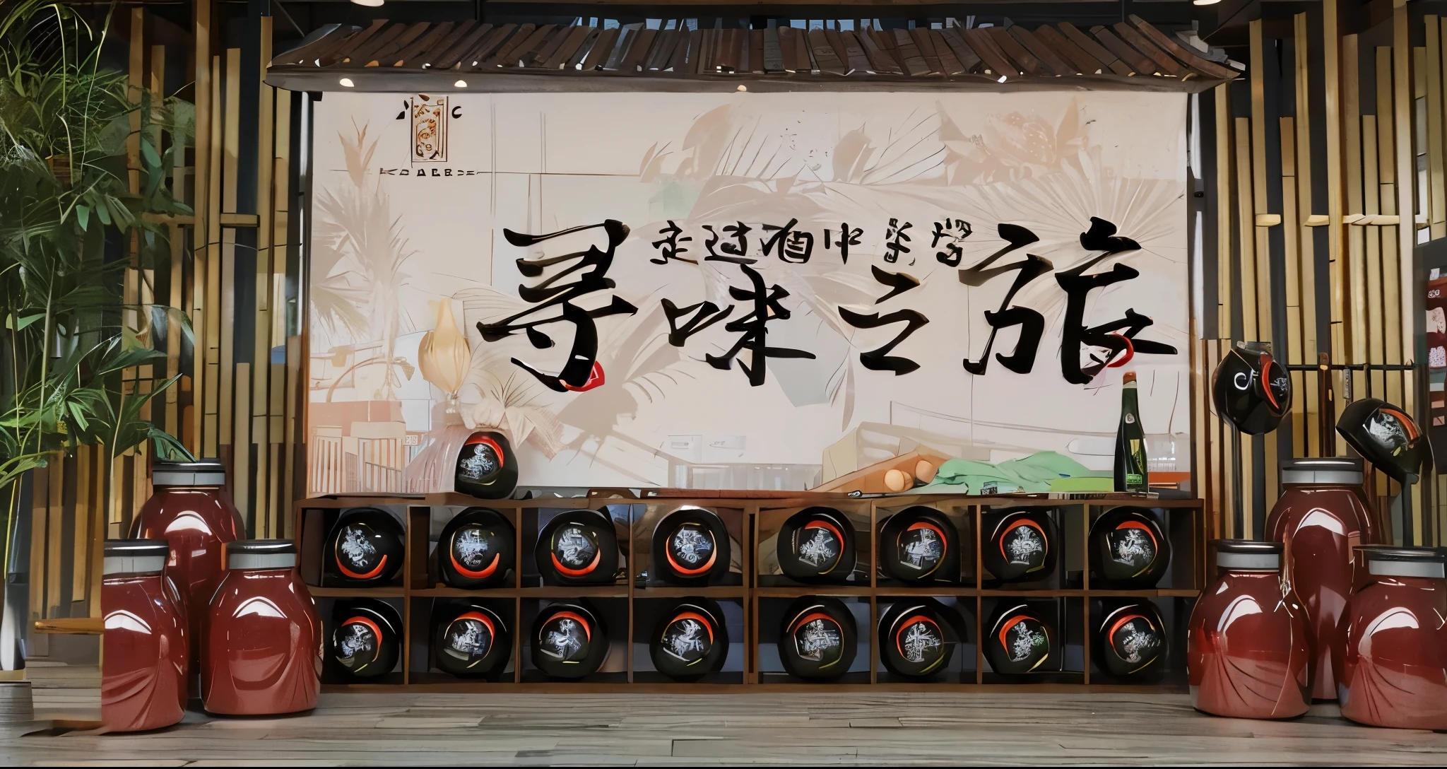 a realistic style, photography, Nikon, Large aperture, mid-range photography, masterpiece, super high quality,，particularly striking sight came into view at this wine launch. A simple display unit was in front of it, with simple wine jars neatly, were carefully, arranged to simulate, Chinese martial, warriors, bamboo forest, scene 