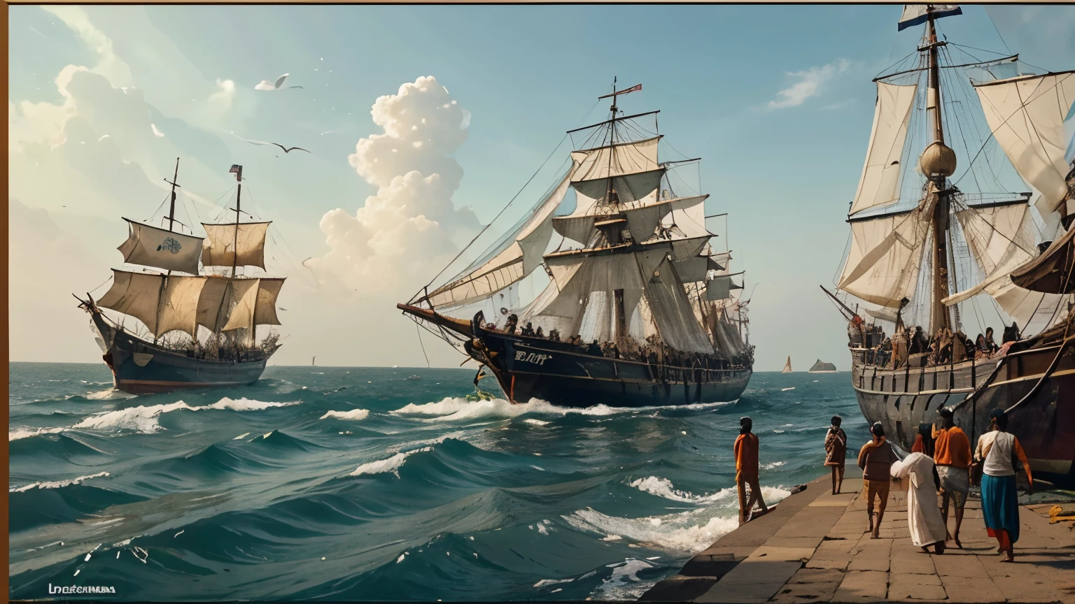 A dramatic scene depicting Vasco da Gama and his crew disembarking from their caravel ships onto the lush, green shores of Calicut, India in 1498. The local Indian traders and fishermen in traditional attire look on curiously, with the bustling marketplace and colorful spices in the background.